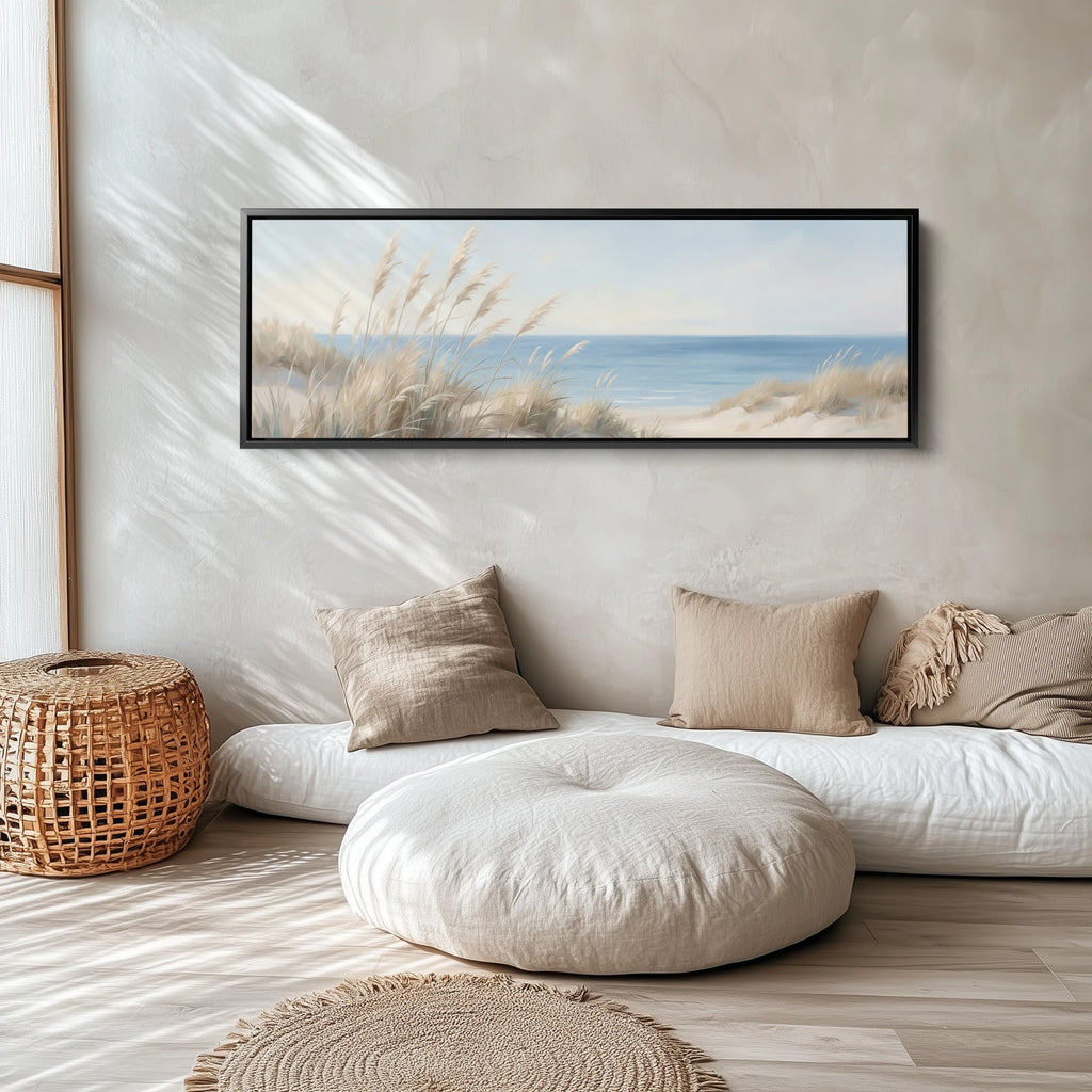 Beach Grasses And Blue Sea Long Wall Art Panoramic Canvas Print Bedroom