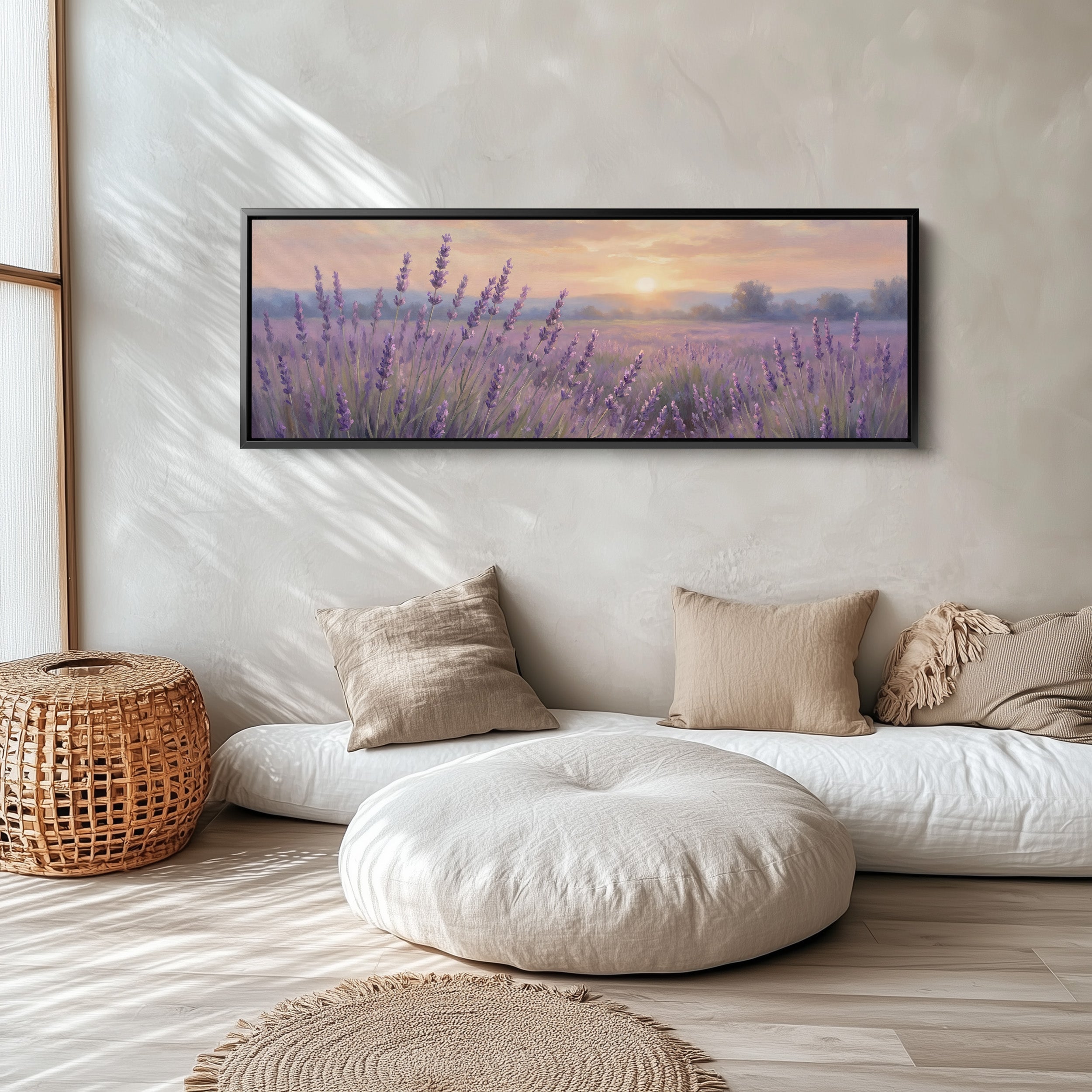 Lavender Field At Sunset Horizontal Wall Art Panoramic Canvas Print Bedroom