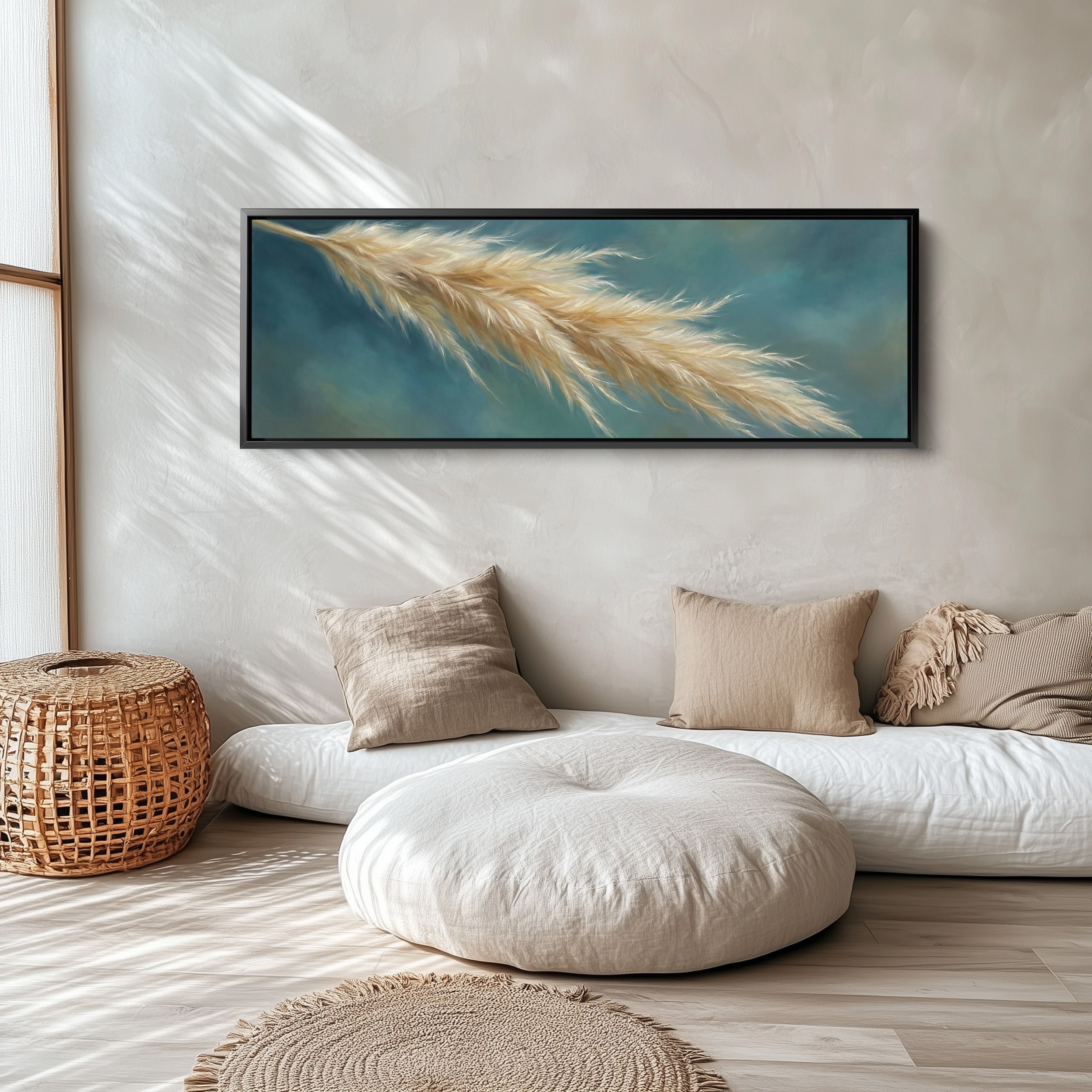 Pampas Grass On Blue Background Large Wall Art Panoramic Canvas Print Hallway