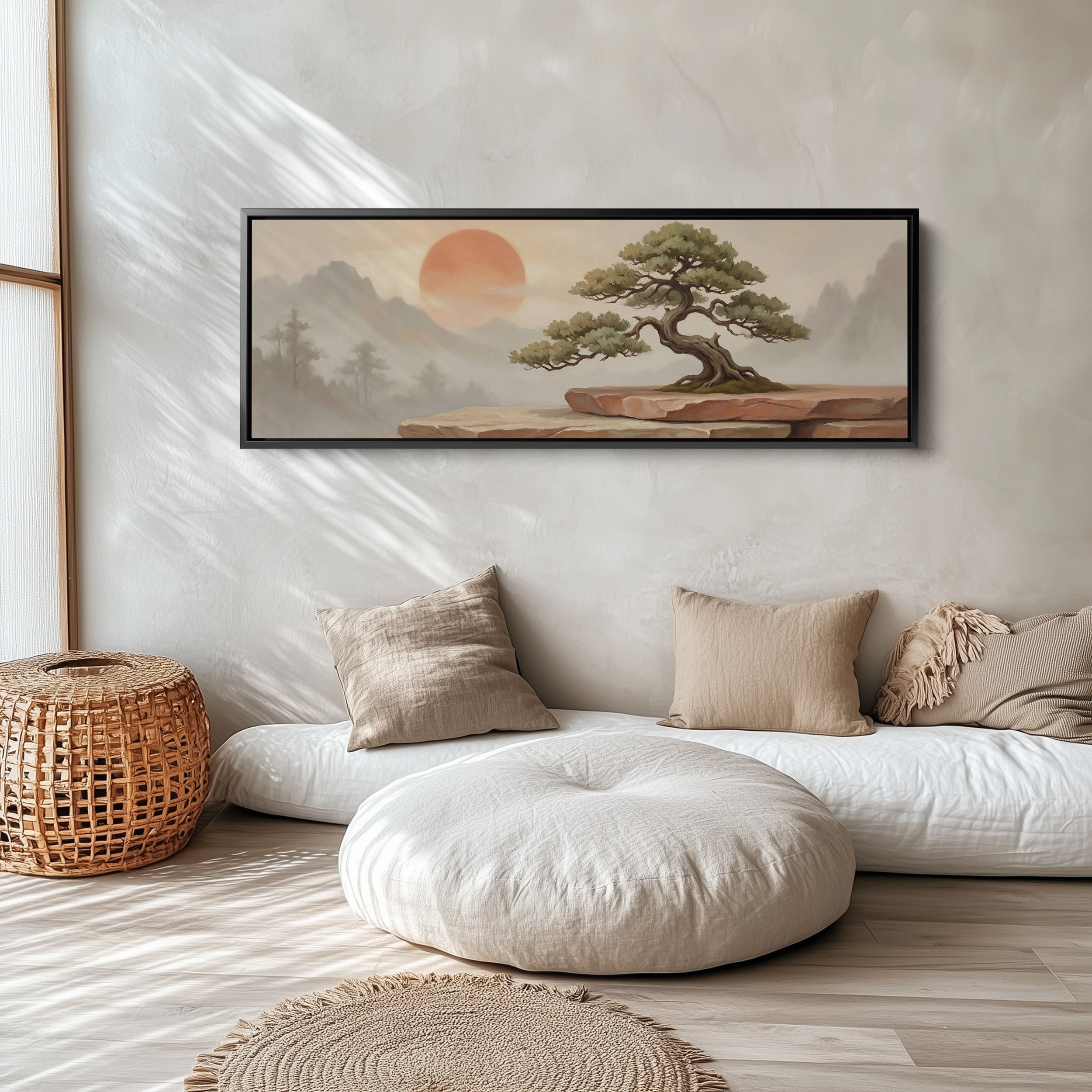 Long Wall Art Bonsai Tree With Red Sun Panoramic Canvas Bedroom