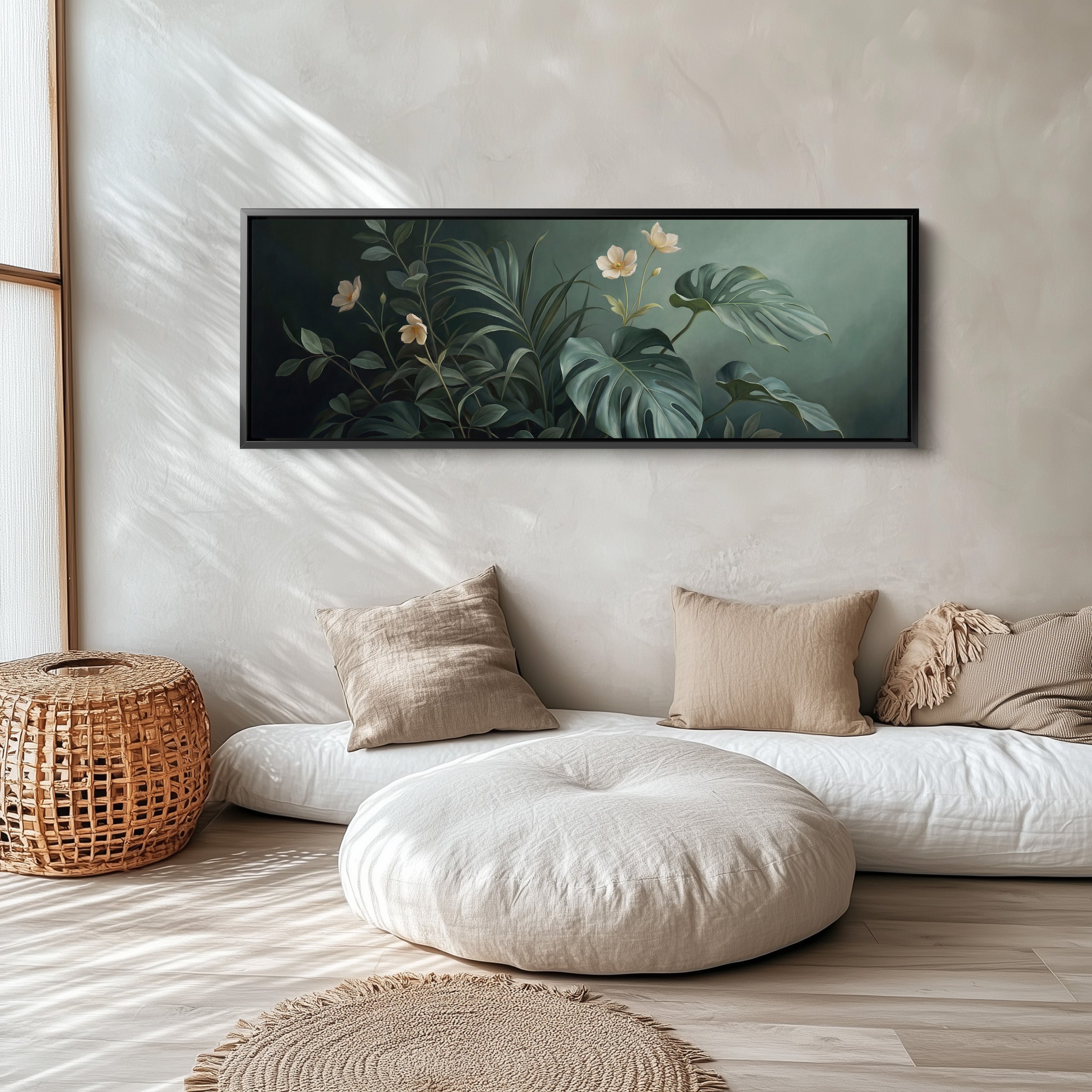Tropical Leaves with White Flowers Horizontal Canvas Wall Art Statement Decor for Bedroom