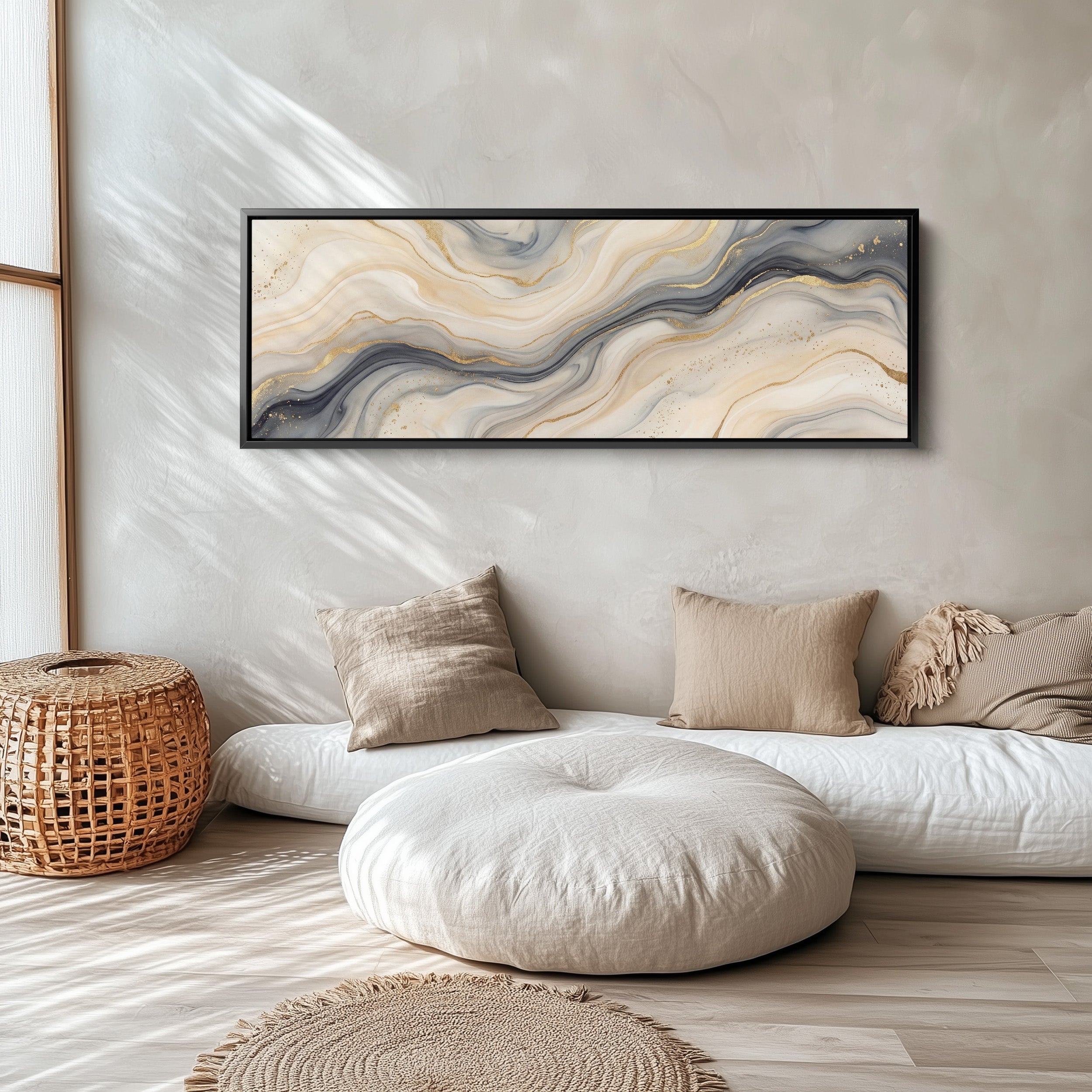 Above Bed Wall Art Abstract Marble With Yellow Lines Panoramic Canvas Print Bedroom