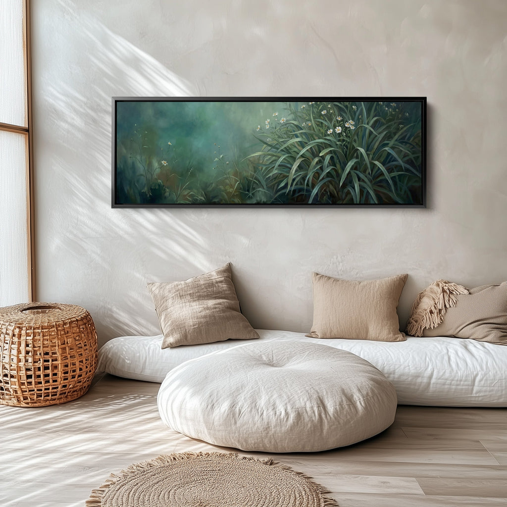 Wild Grass With White Flowers Wide Framed Canvas Extra Wide Canvas Bedroom