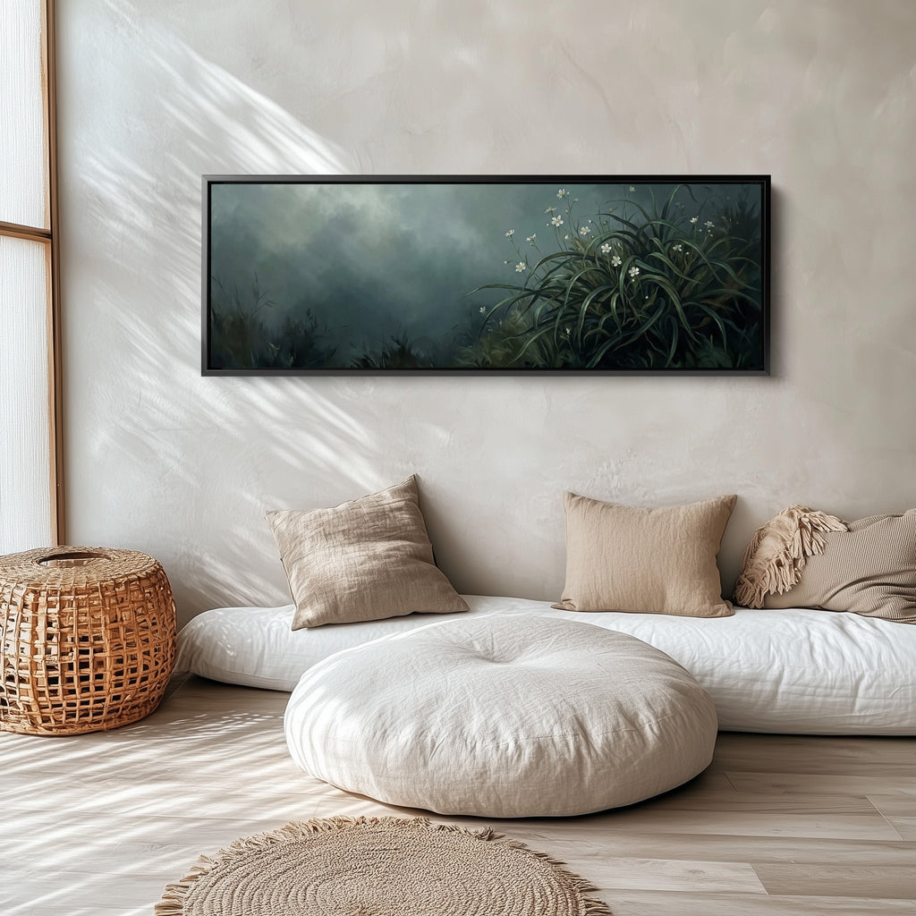 Long Wall Art White Flowers In Foliage Panoramic Canvas Print Living Room
