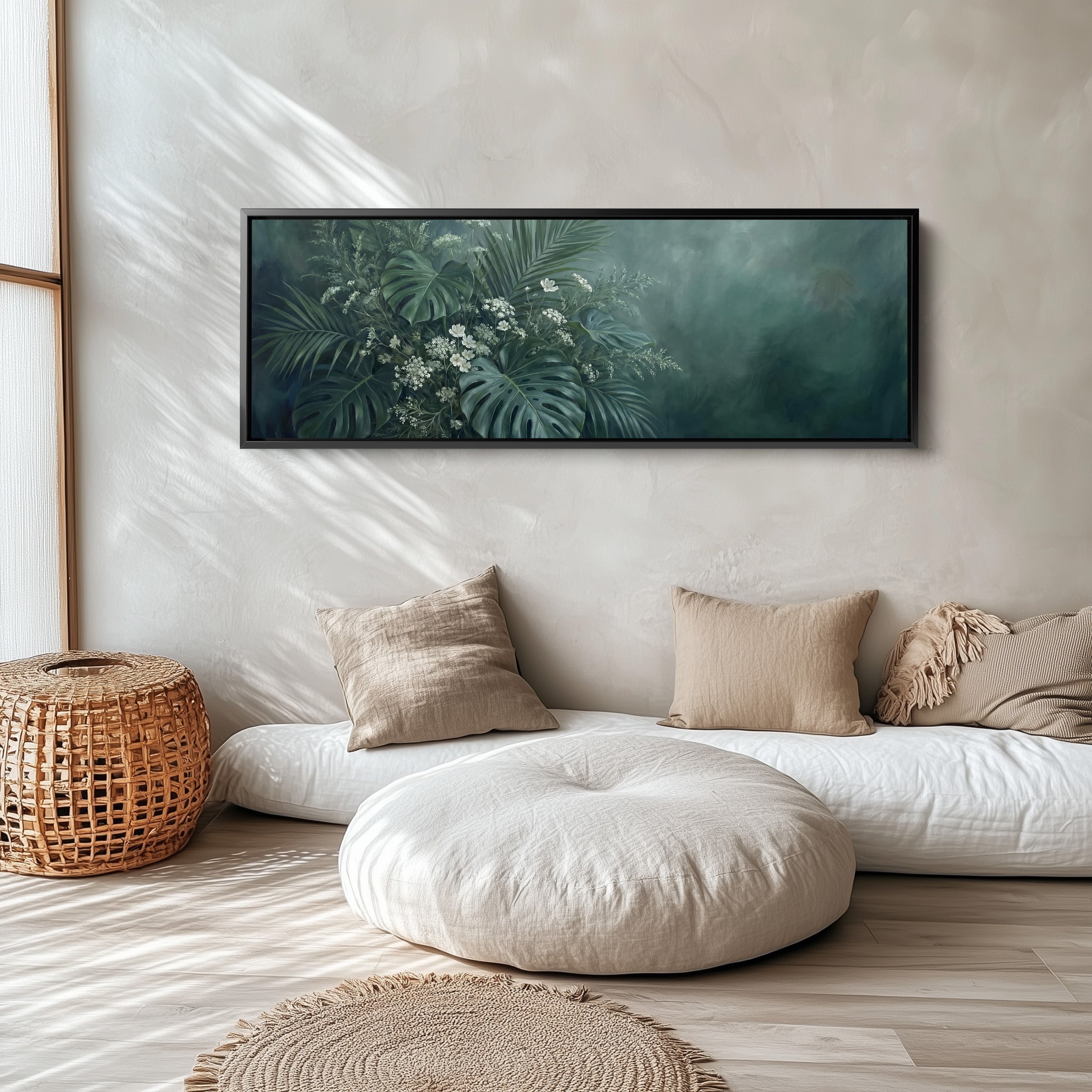 Tropical Leaves With White Flowers Horizontal Wall Art Statement Wall Decor Bedroom
