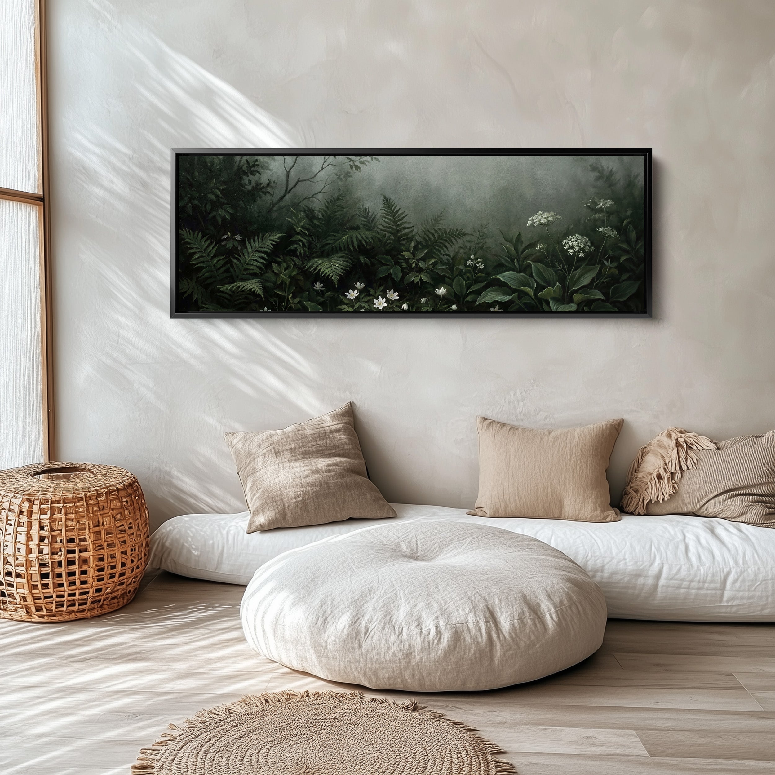 Ferns And White Wildflowers Above Soft Wall Art Extra Wide Canvas Office