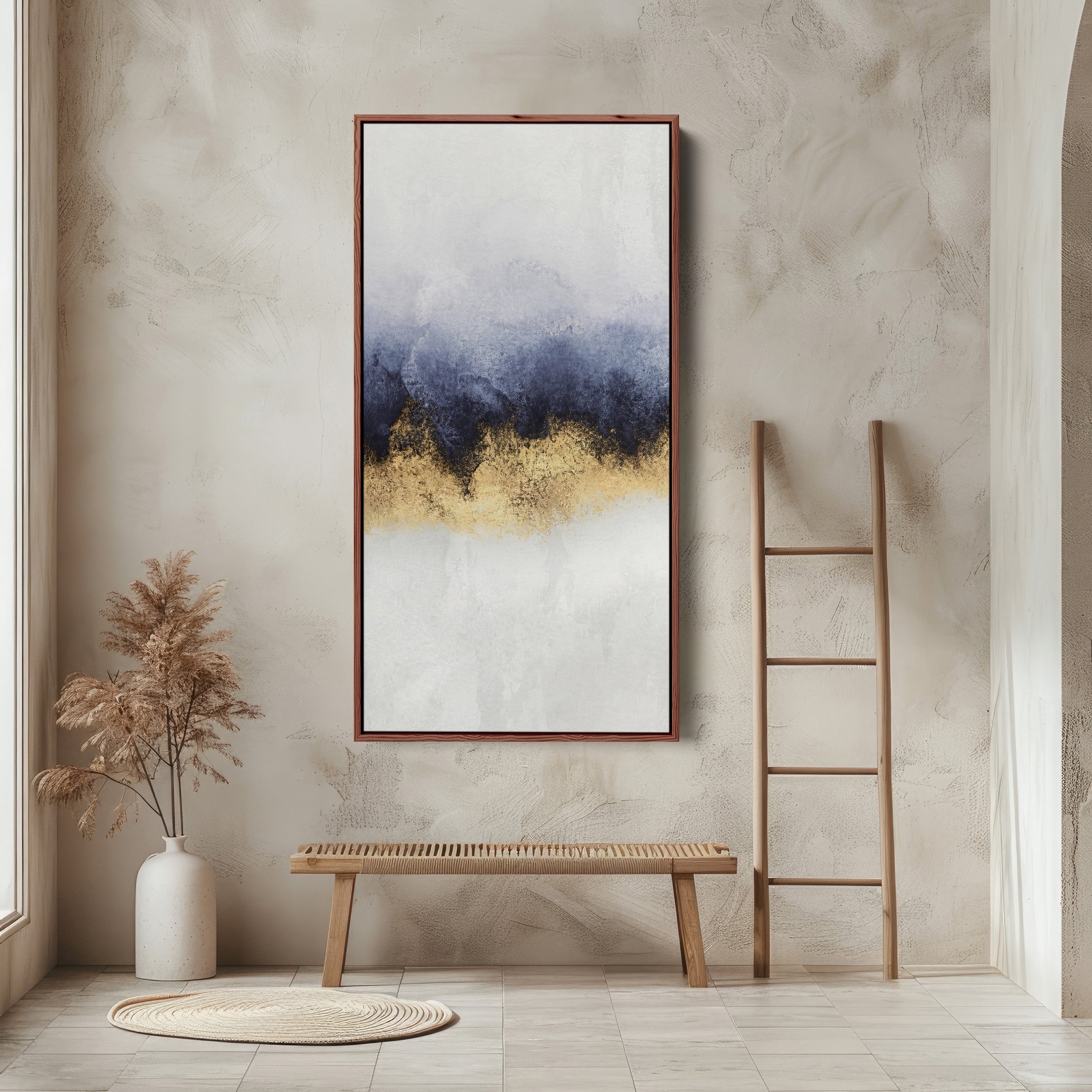 Large Vertical Wall Art Blue Gold Band Tall Canvas For Bedroom