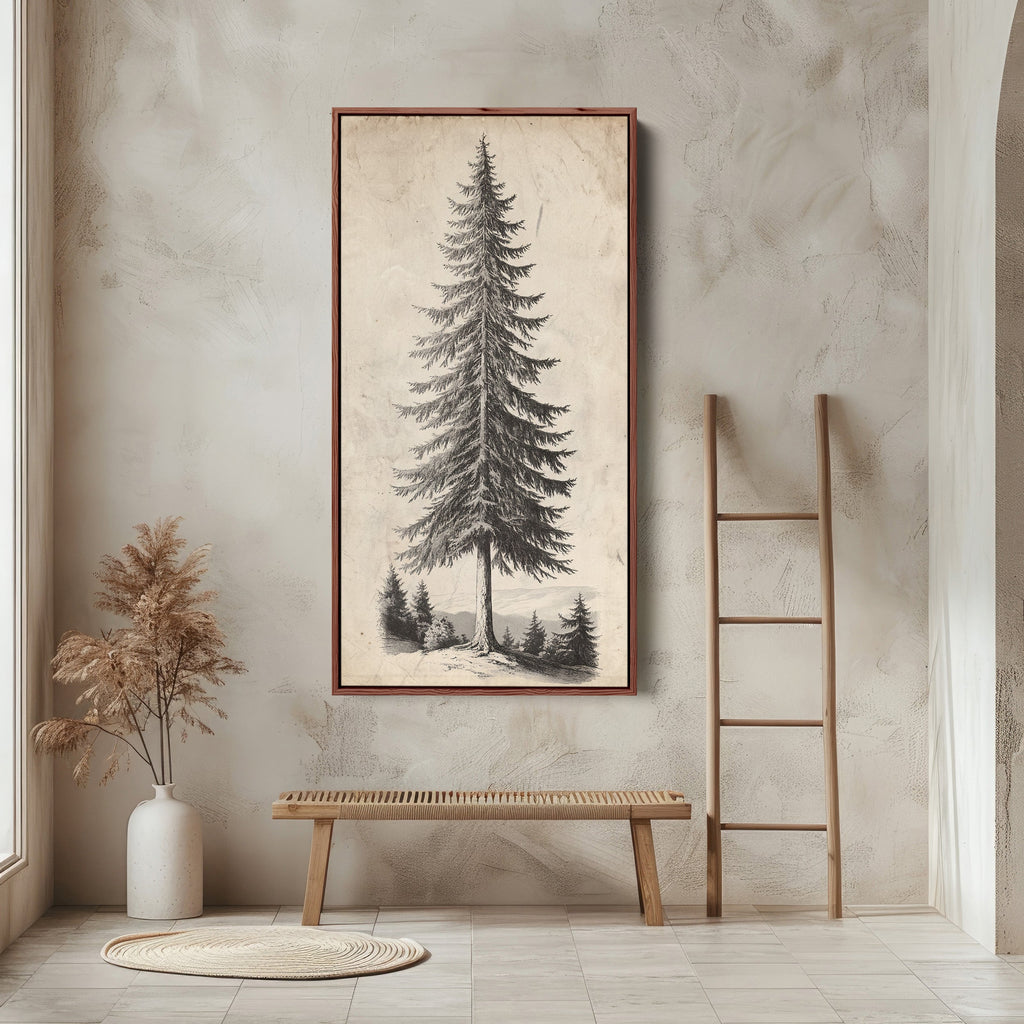 Vertical Wall Art Vintage Pine Illustration Tall Canvas For Office