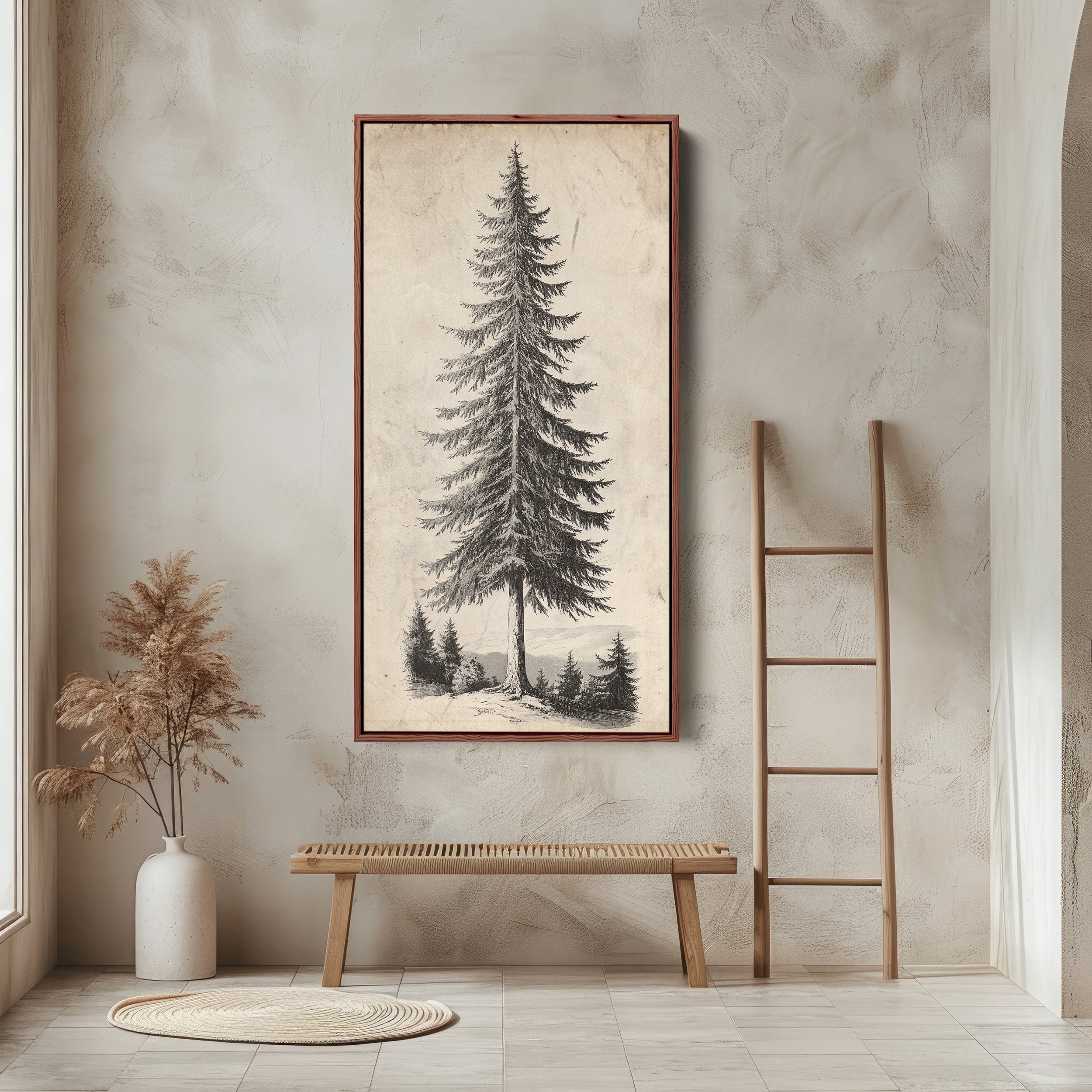 Vertical Wall Art Vintage Pine Illustration Tall Canvas For Office