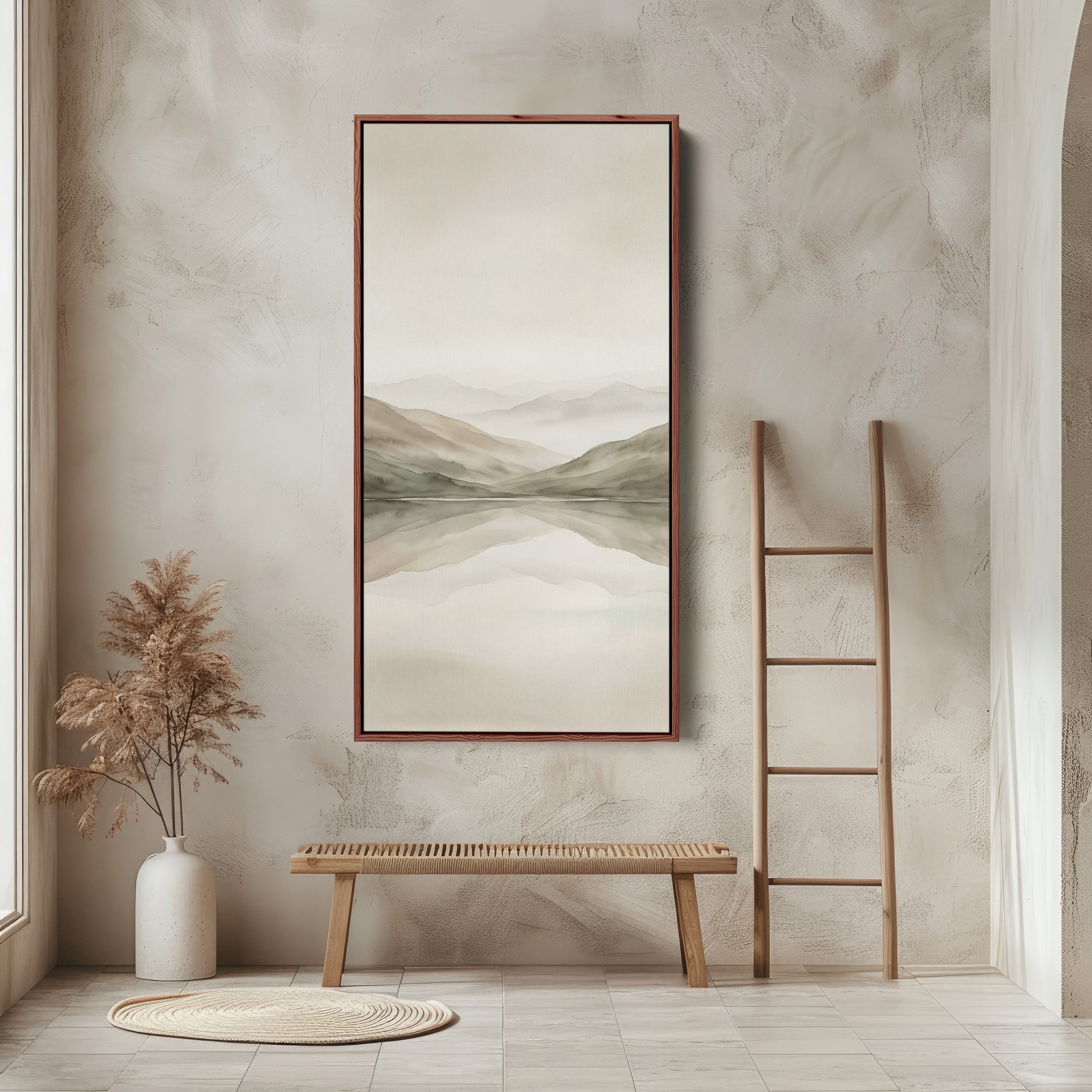 Minimal Misty Mountains Reflection Tall Narrow Canvas Framed Canvas Print For Bedroom