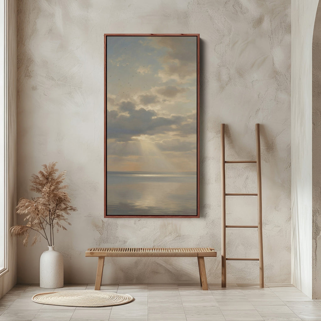 Tall Framed Canvas For Office Sun Rays Over Calm Sea Vertical Canvas