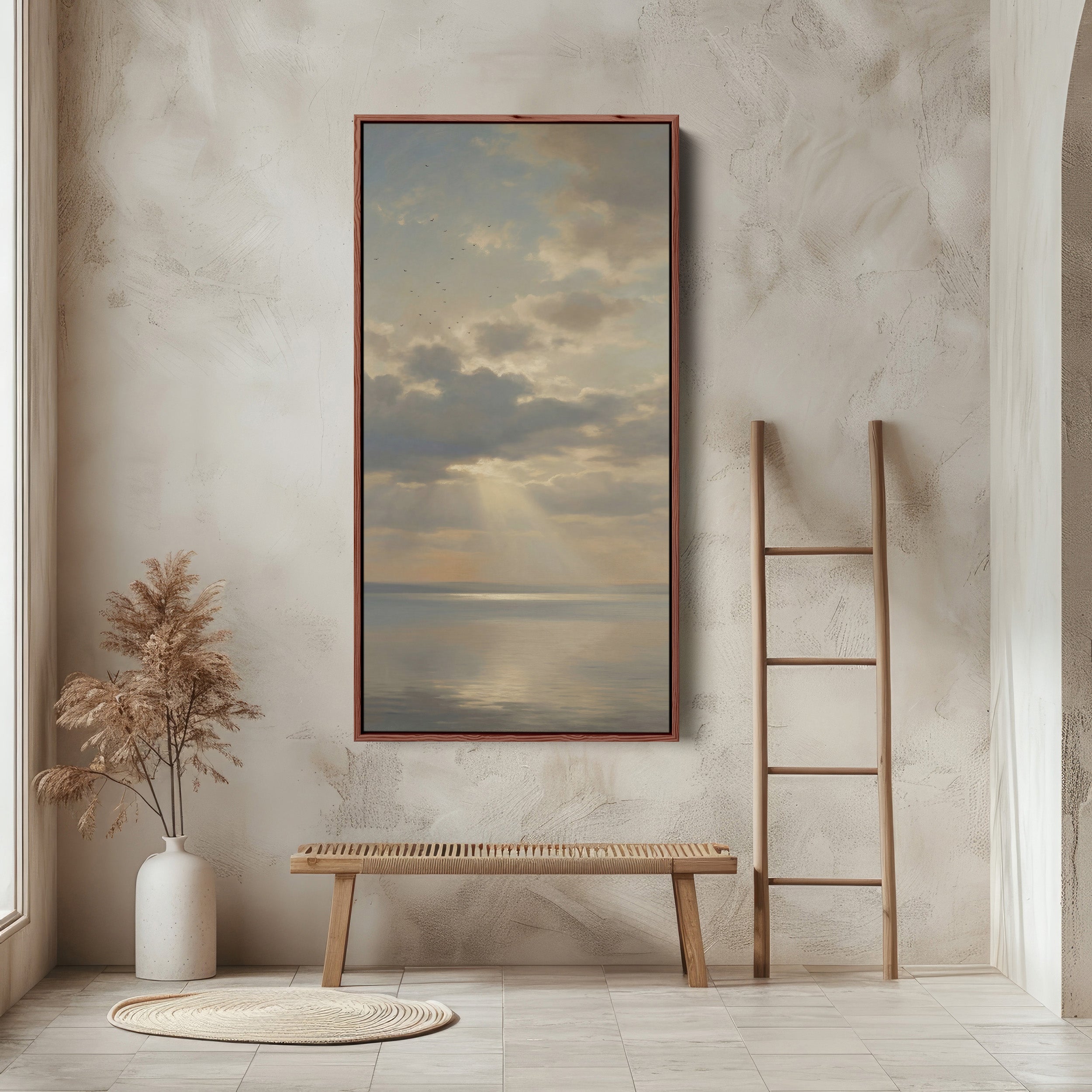 Tall Framed Canvas For Office Sun Rays Over Calm Sea Vertical Canvas