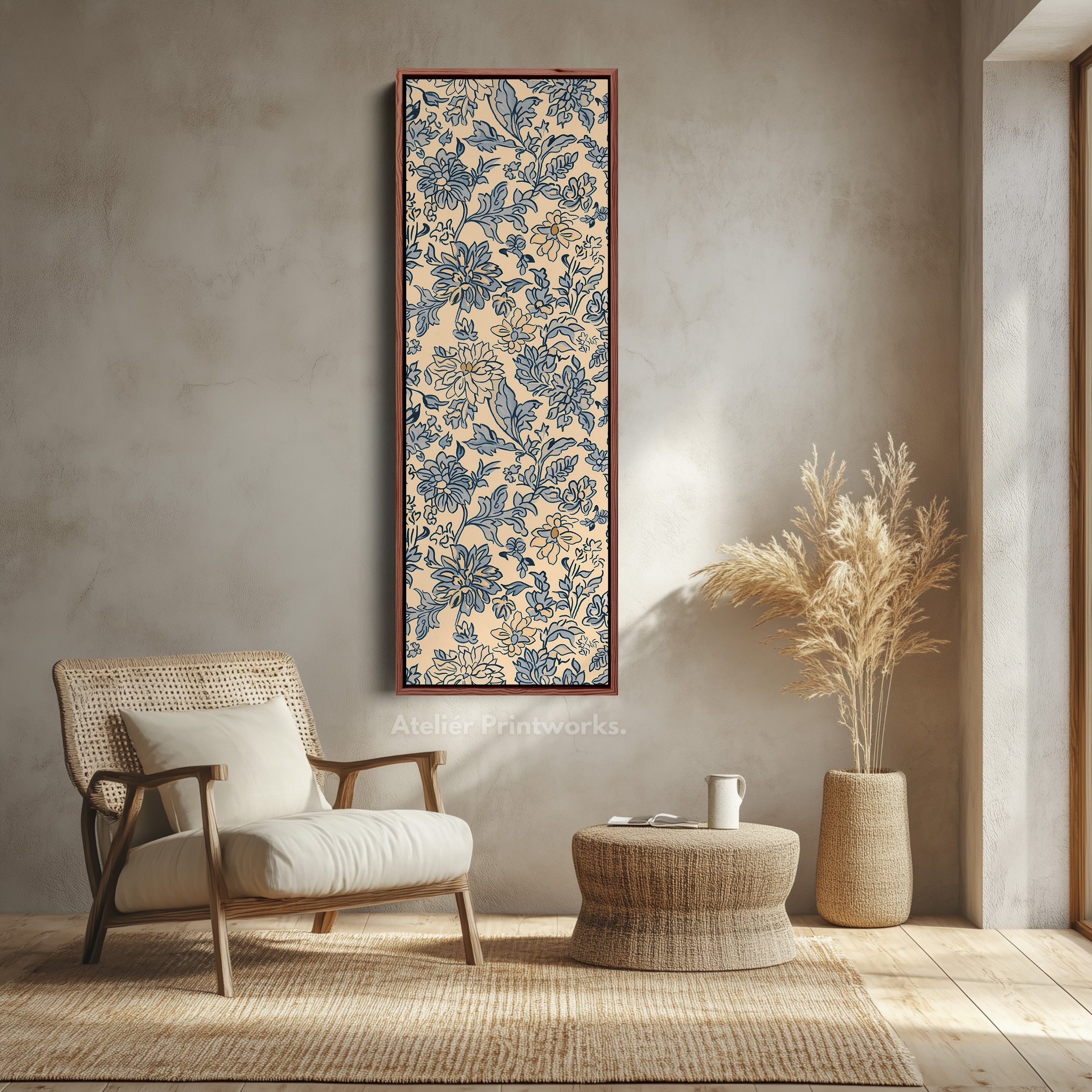 Vintage Beige & Blue Floral Vertical Long Wall Decor