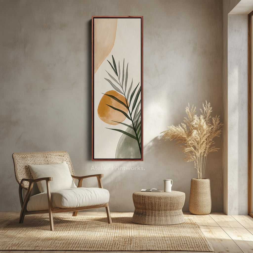 Vertical Beige & Green Botanical Abstract Long Framed Canvas