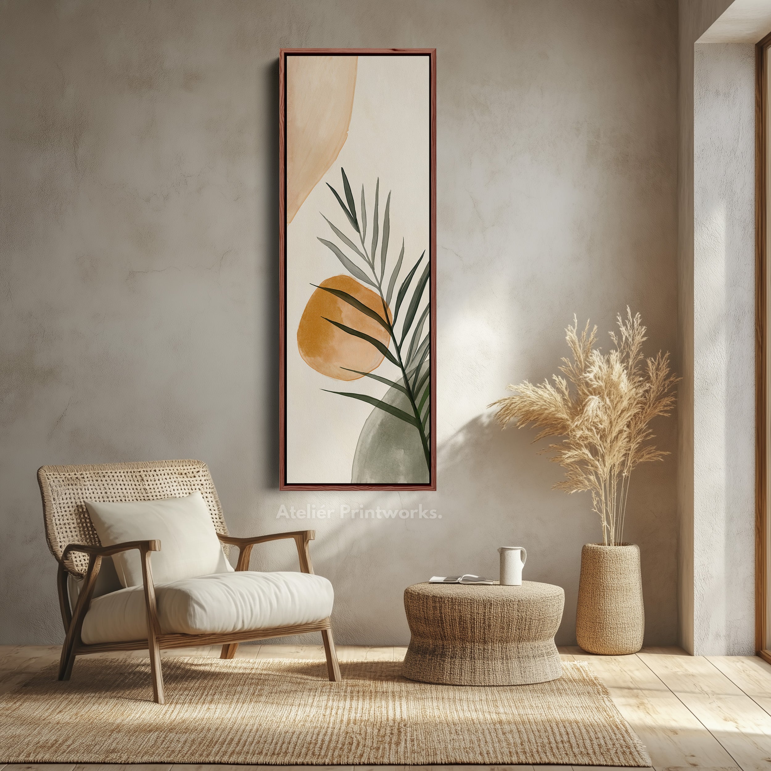 Vertical Beige & Green Botanical Abstract Long Framed Canvas