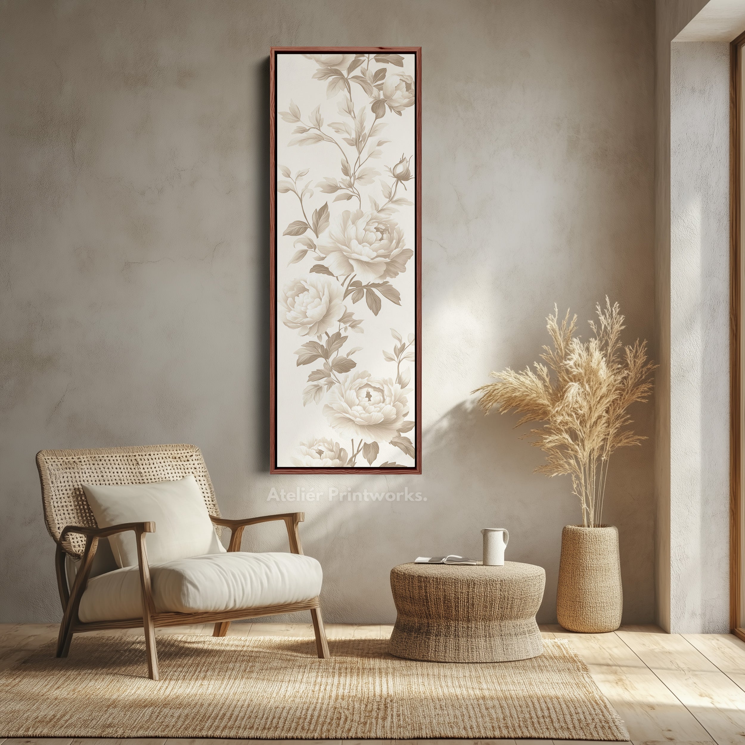 Vertical Beige Peonies Floral Long Framed Canvas Decor