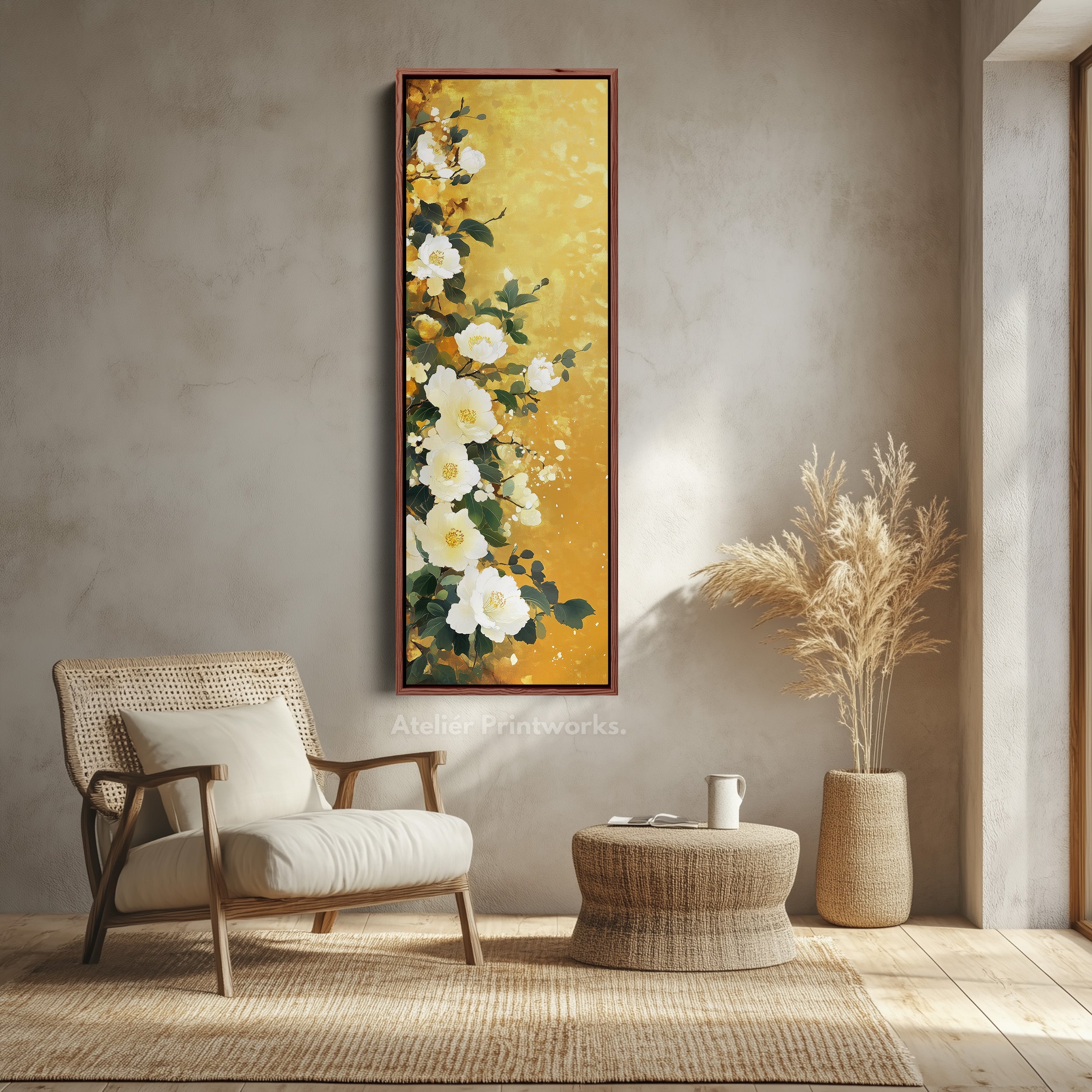 Vertical White & Gold Floral Long Framed Canvas Decor