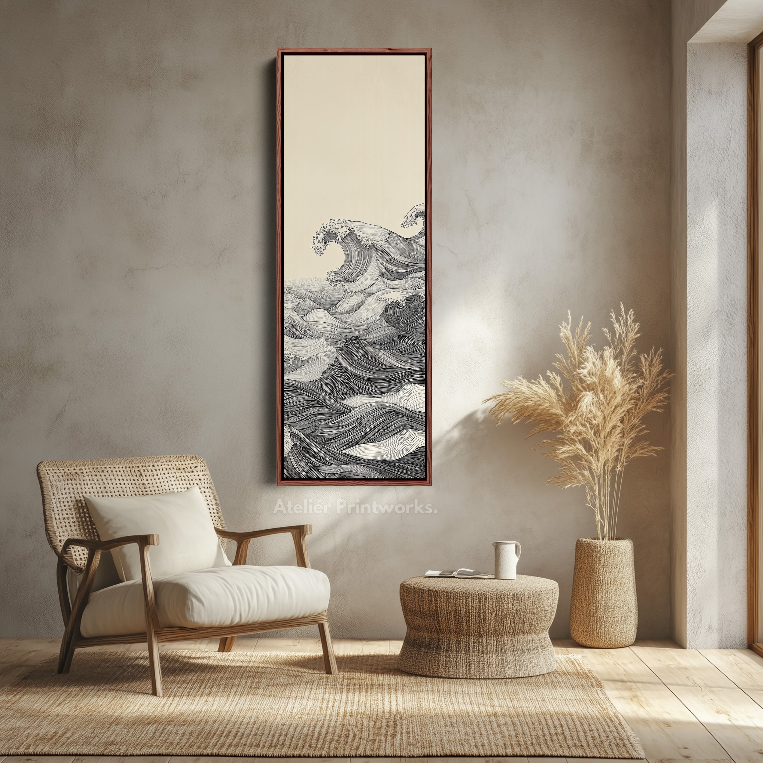 Vertical Abstract Ocean Wave Long Framed Canvas Decor