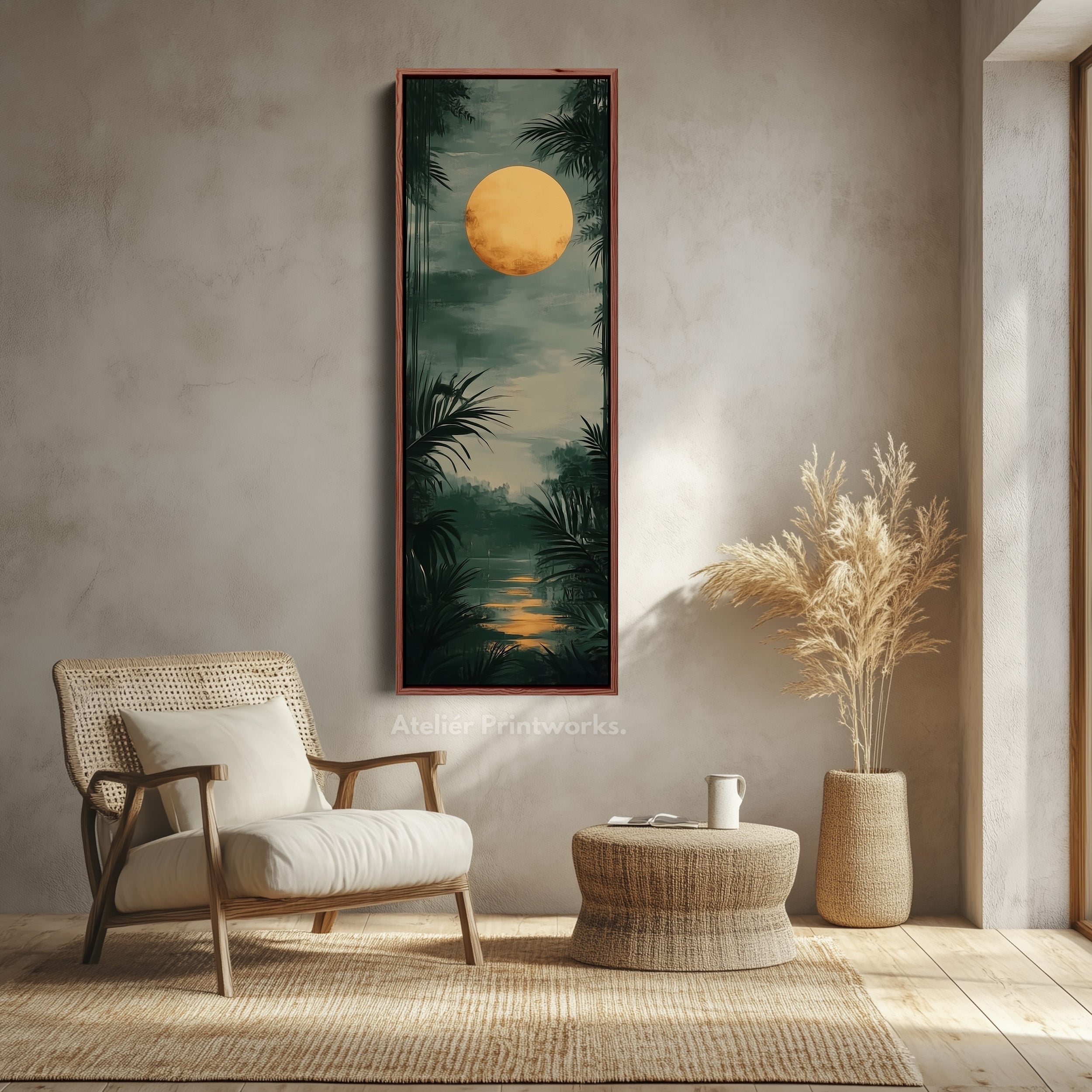 Golden Moon Long Living Room Framed Canvas Wall Decor
