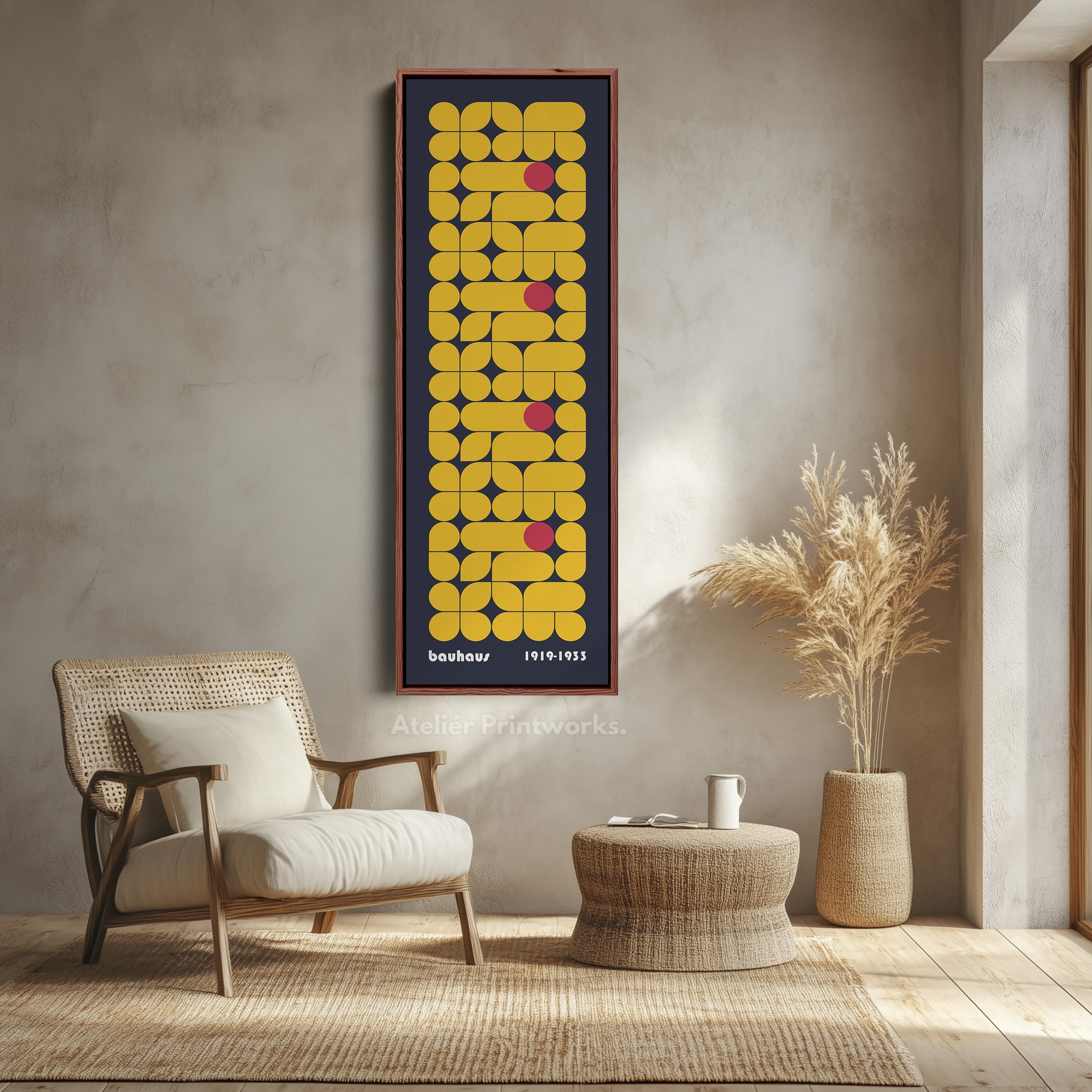 Dark Blue Vertical Framed Canvas Beige Bauhaus Wall Art