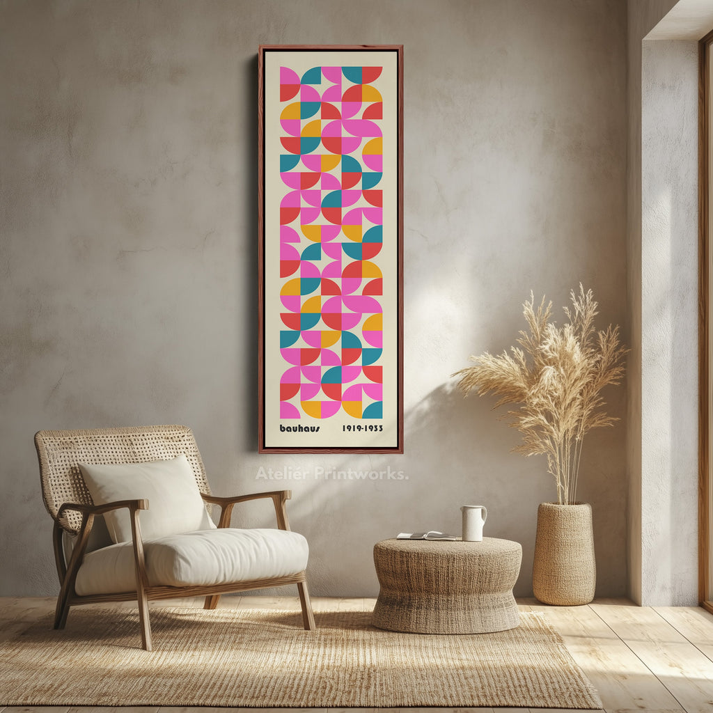 Narrow Long Framed Canvas Bauhaus Beige Geometric