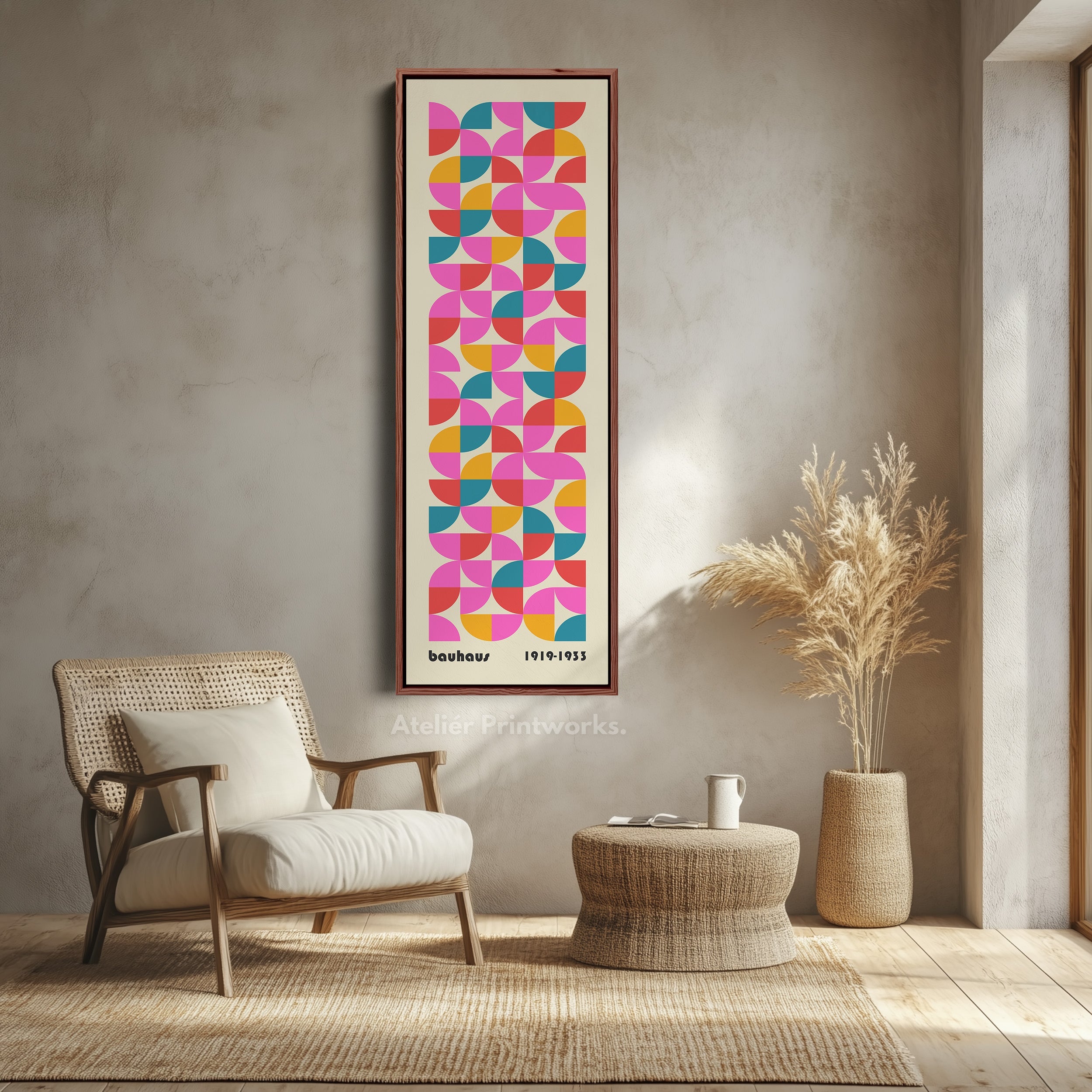 Narrow Long Framed Canvas Bauhaus Beige Geometric