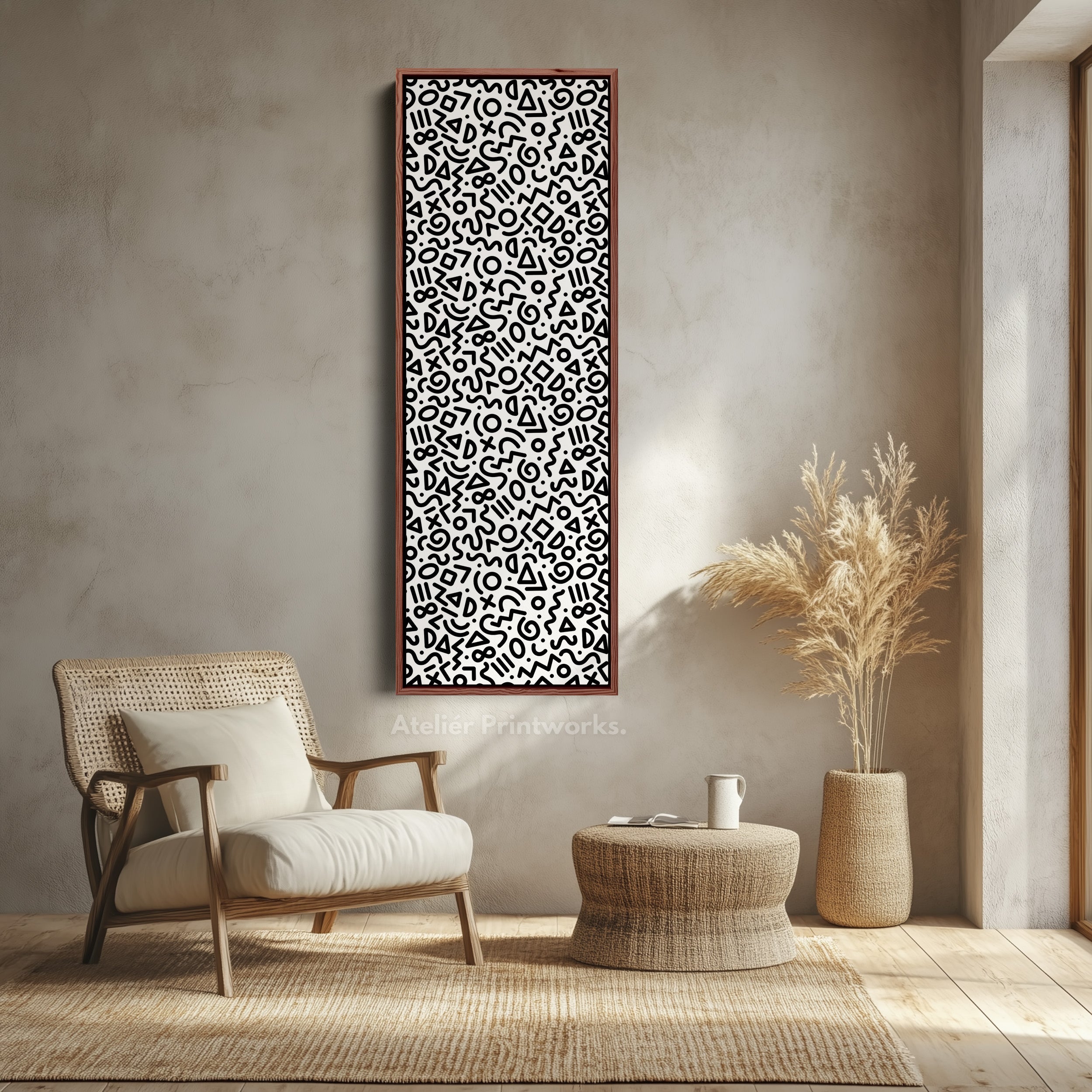Memphis Retro Geometric Vertical Framed Canvas Wall Art for Bedroom or Living Room