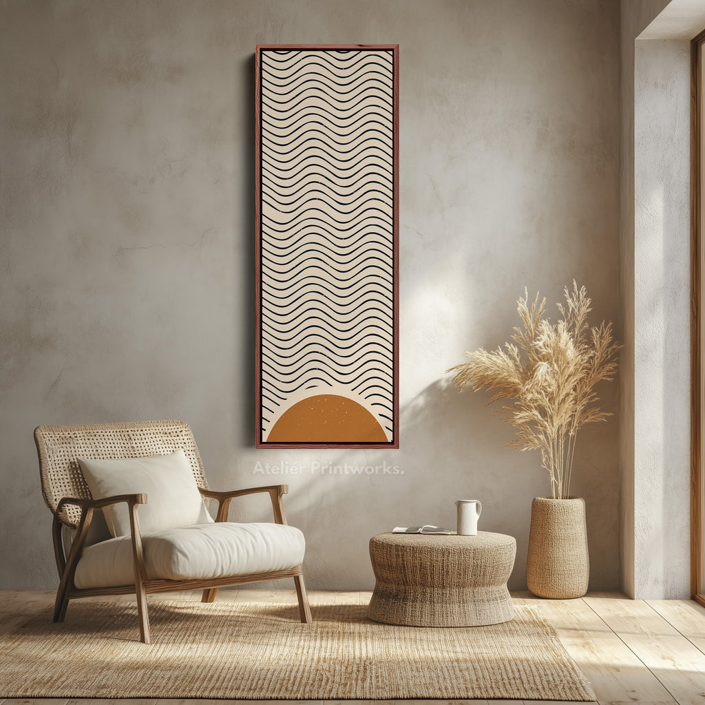 Minimalist Sunrise Waves Long Framed Canvas Wall Art for Hallway or Meditation Space