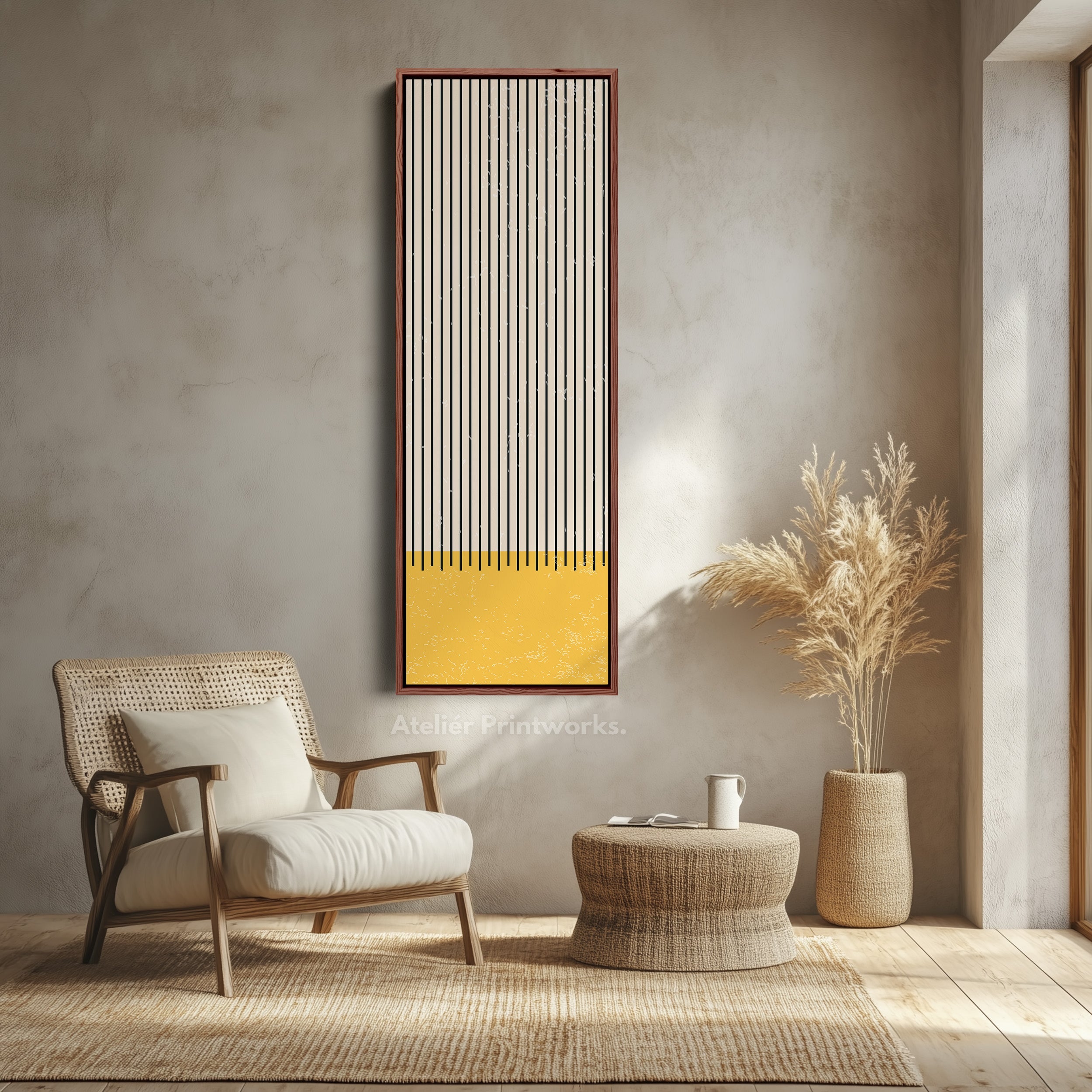 Golden Sun and Stripes Vertical Framed Canvas Wall Art for Living Room or Hallway