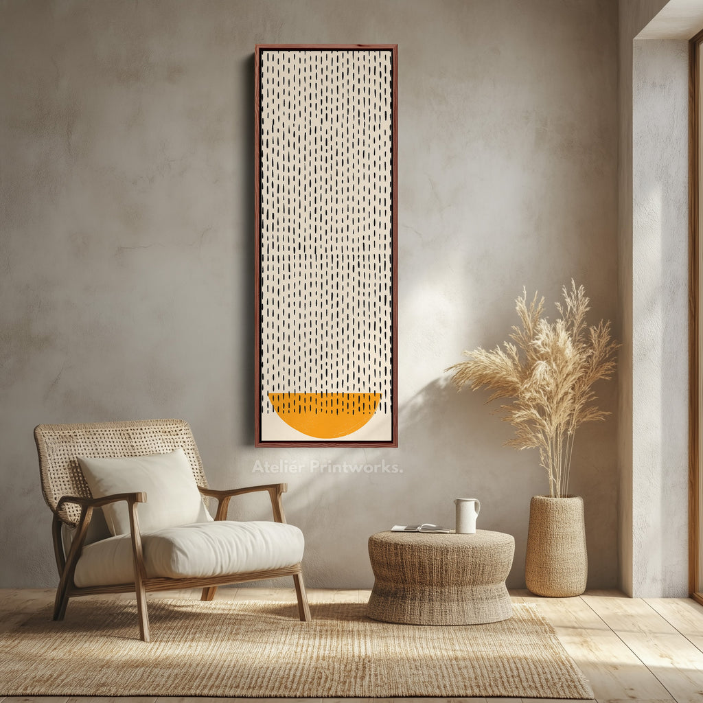 Minimalist Orange Half Circle Vertical Framed Canvas Wall Art for Hallway or Bedroom
