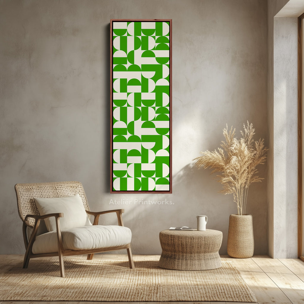 Geometric Green Circles Vertical Framed Canvas Wall Art for Hallway or Office