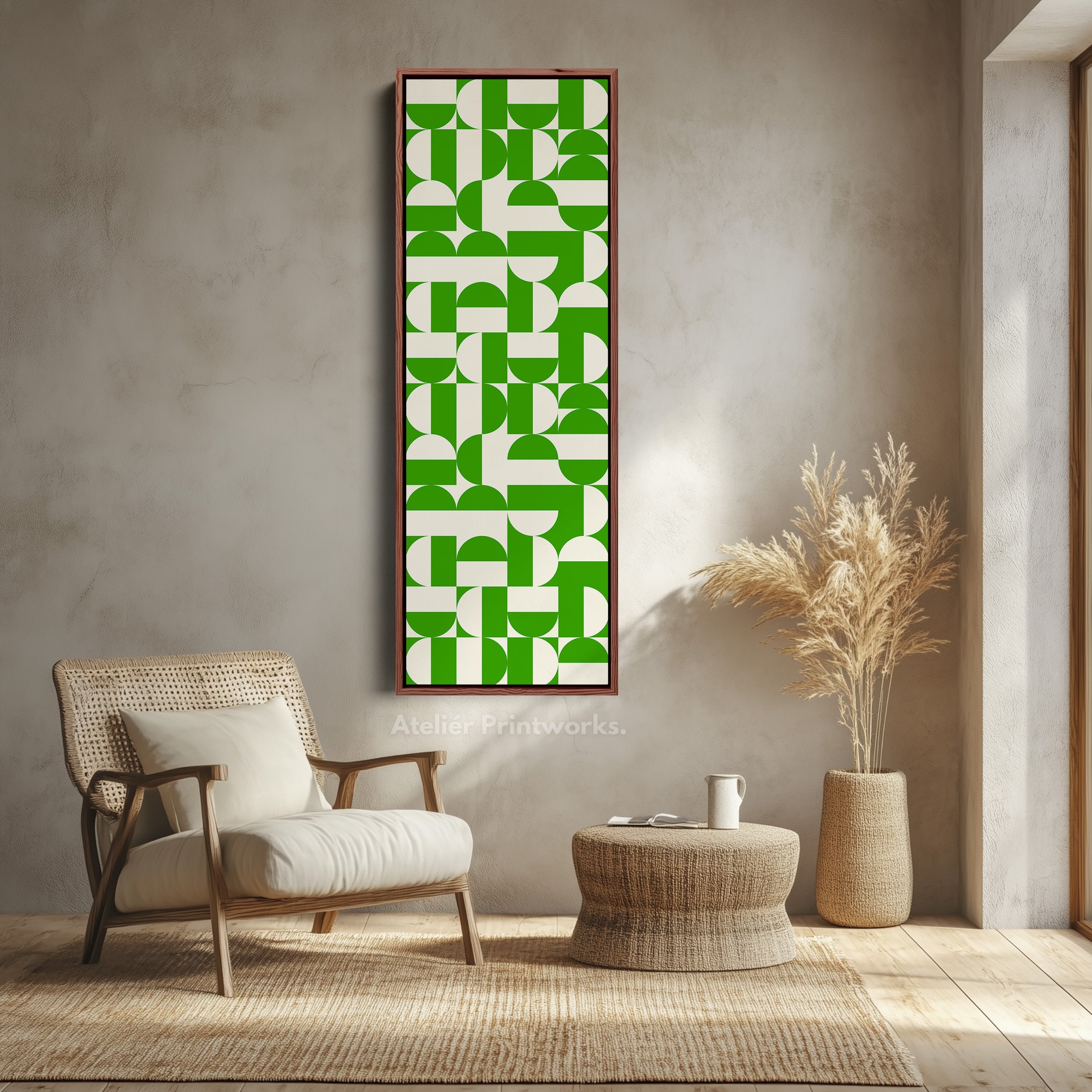 Geometric Green Circles Vertical Framed Canvas Wall Art for Hallway or Office