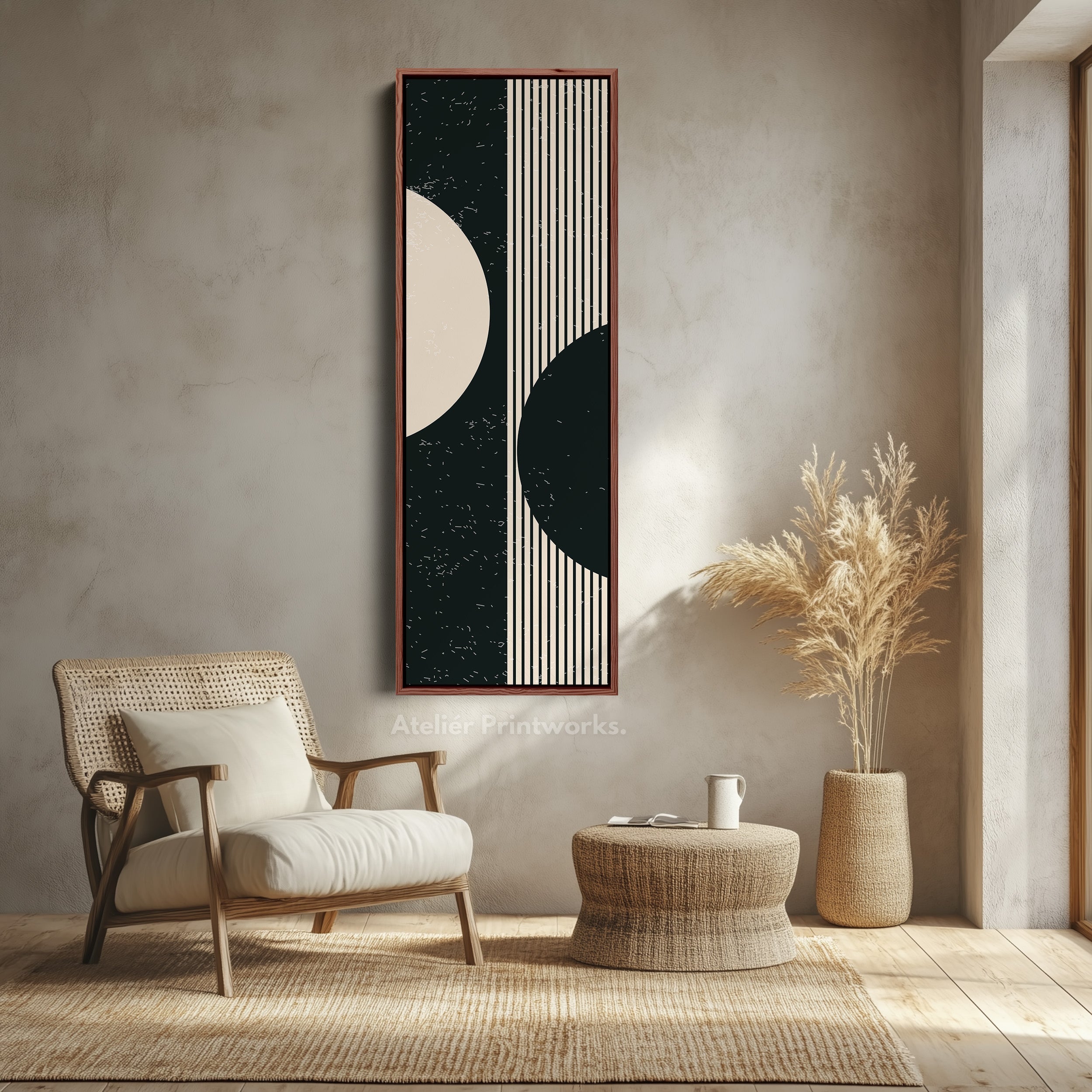 Split Circle Minimalist Vertical Framed Canvas Wall Art for Hallway or Office