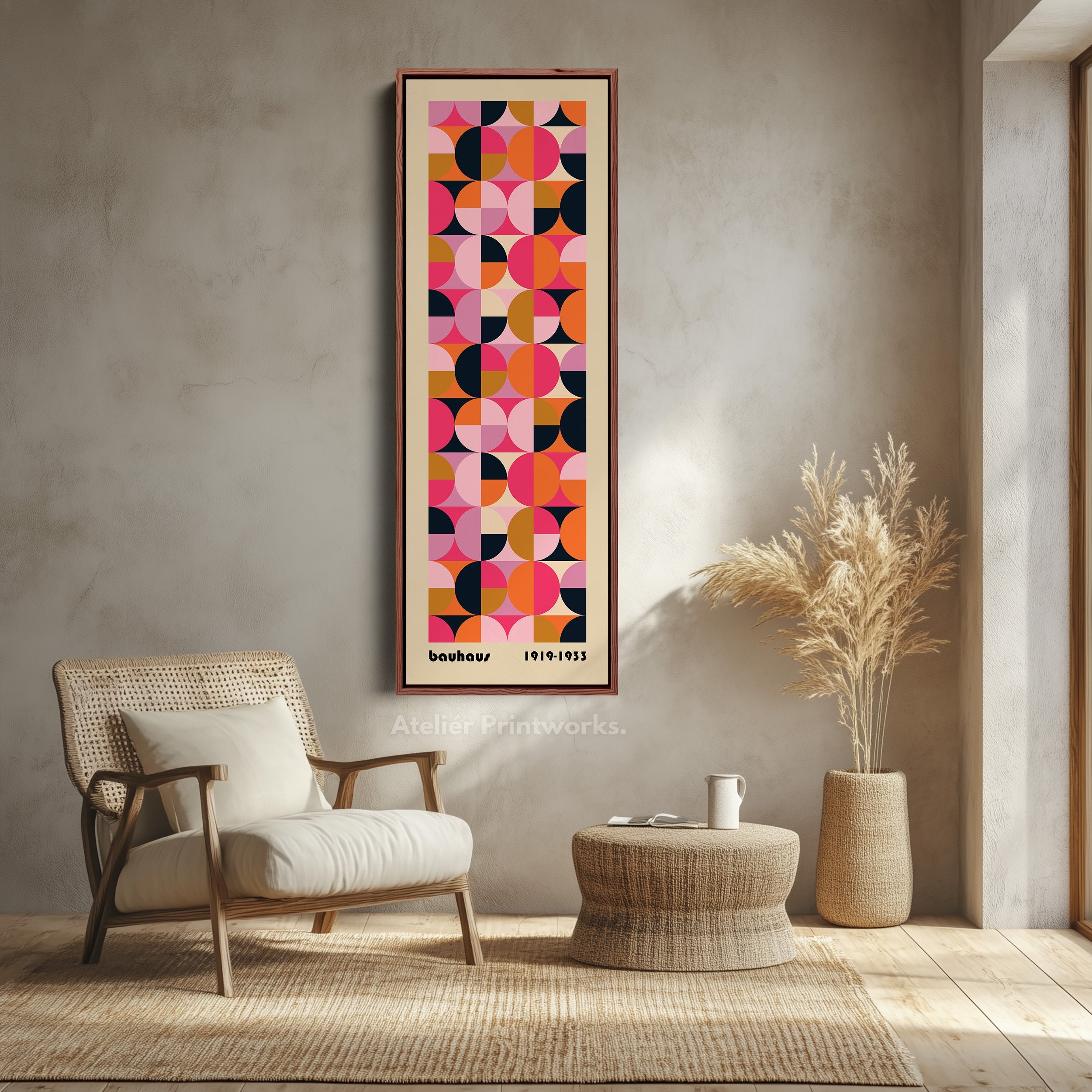 Minimalist Bauhaus Half Circles Vertical Framed Canvas Wall Art for Bedroom or Office