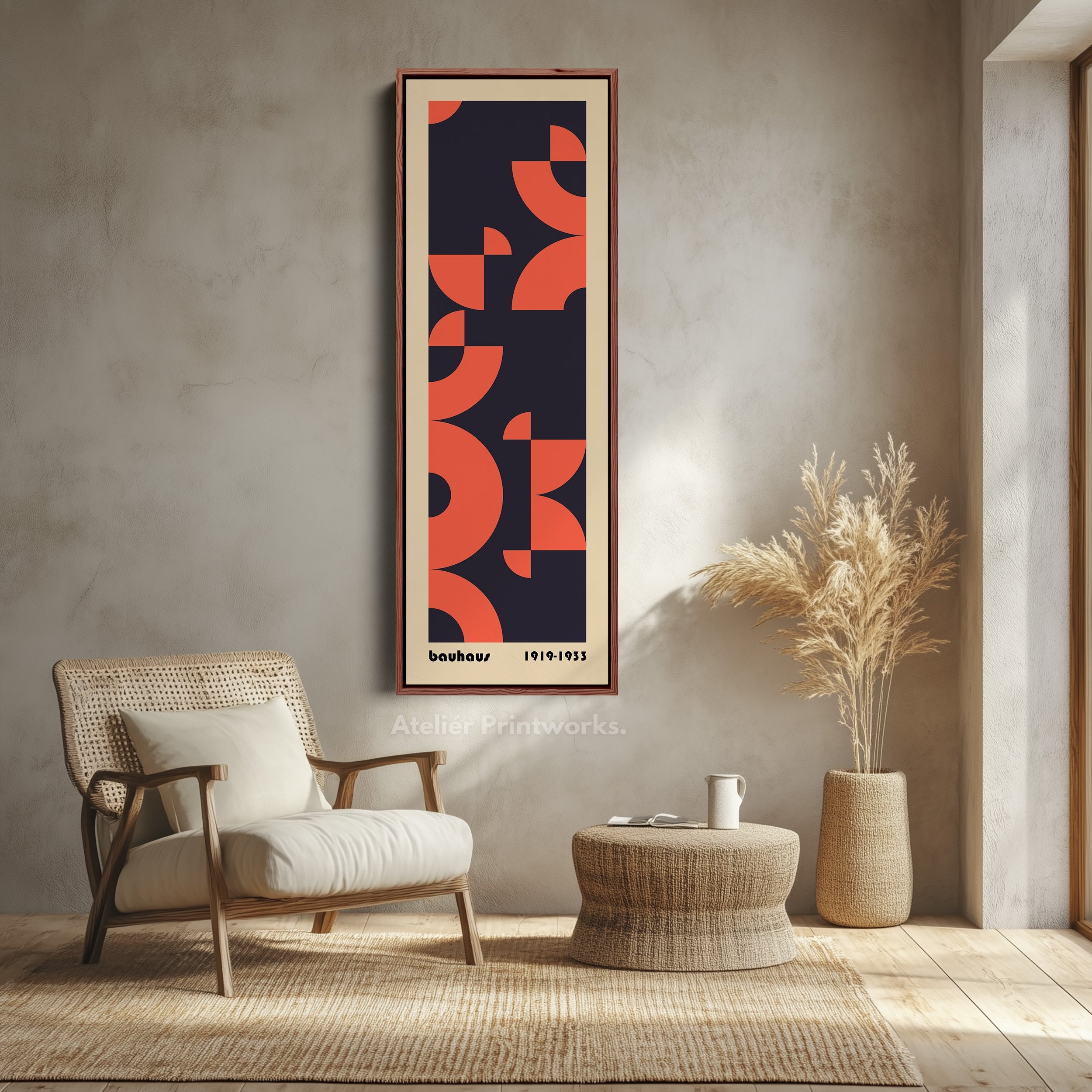 Blue and Orange Bauhaus Arches Vertical Framed Canvas Wall Art for Bedroom or Studio
