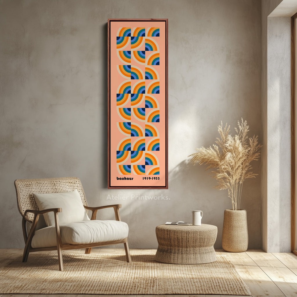 Vibrant Bauhaus Rainbow Arches Vertical Framed Canvas Wall Art for Living Room or Office