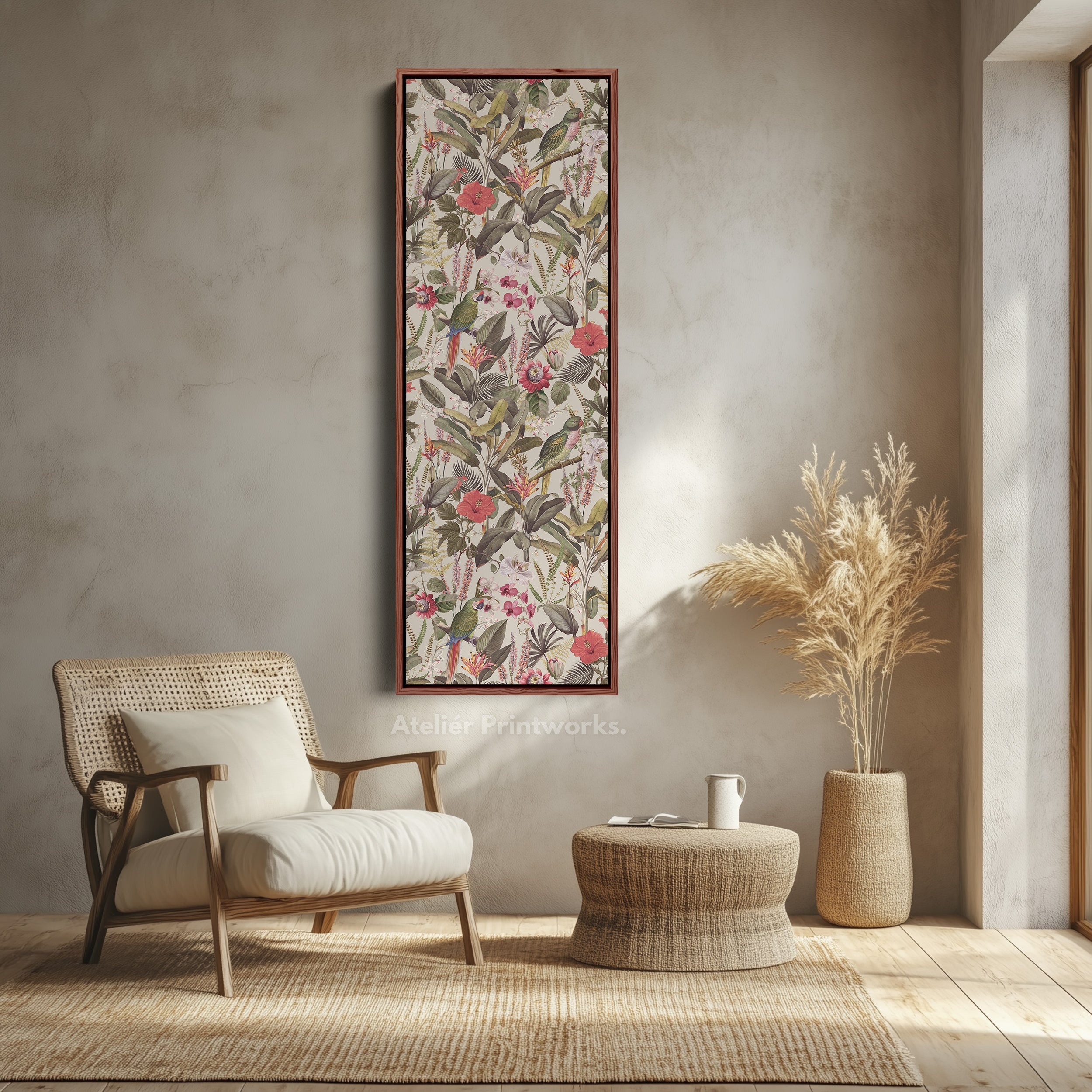 Skinny Wall Art Tropical Botanical Parrot Vertical Canvas For Hallway