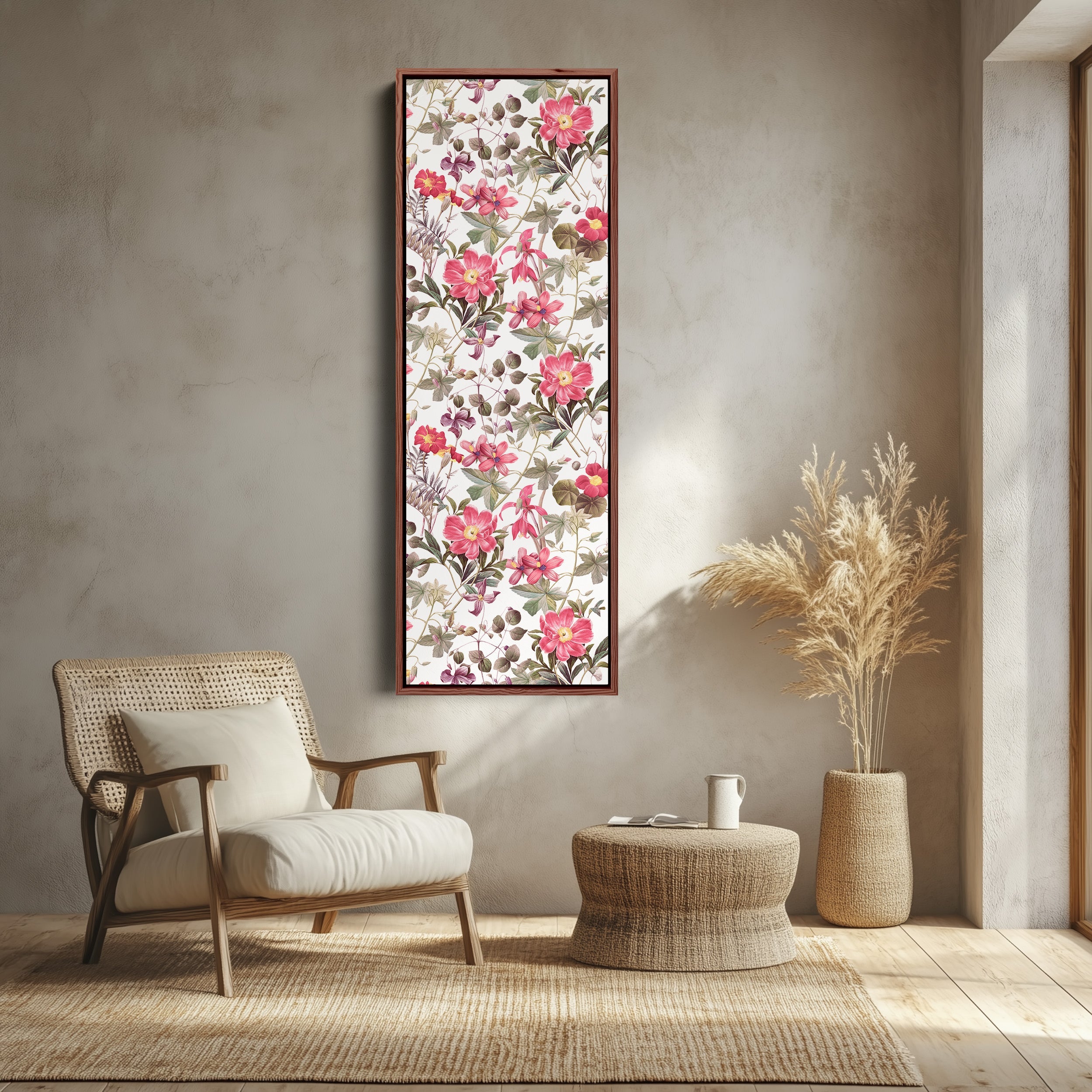 Tall Narrow Canvas Vintage Pink Floral Vertical Canvas For Living Room