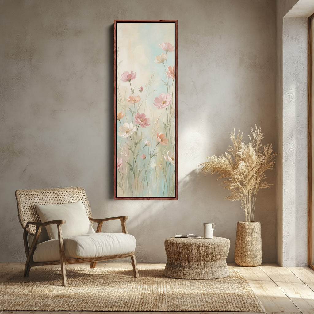 Long Wall Art Soft Pink Wildflowers Statement Wall Decor For Bedroom