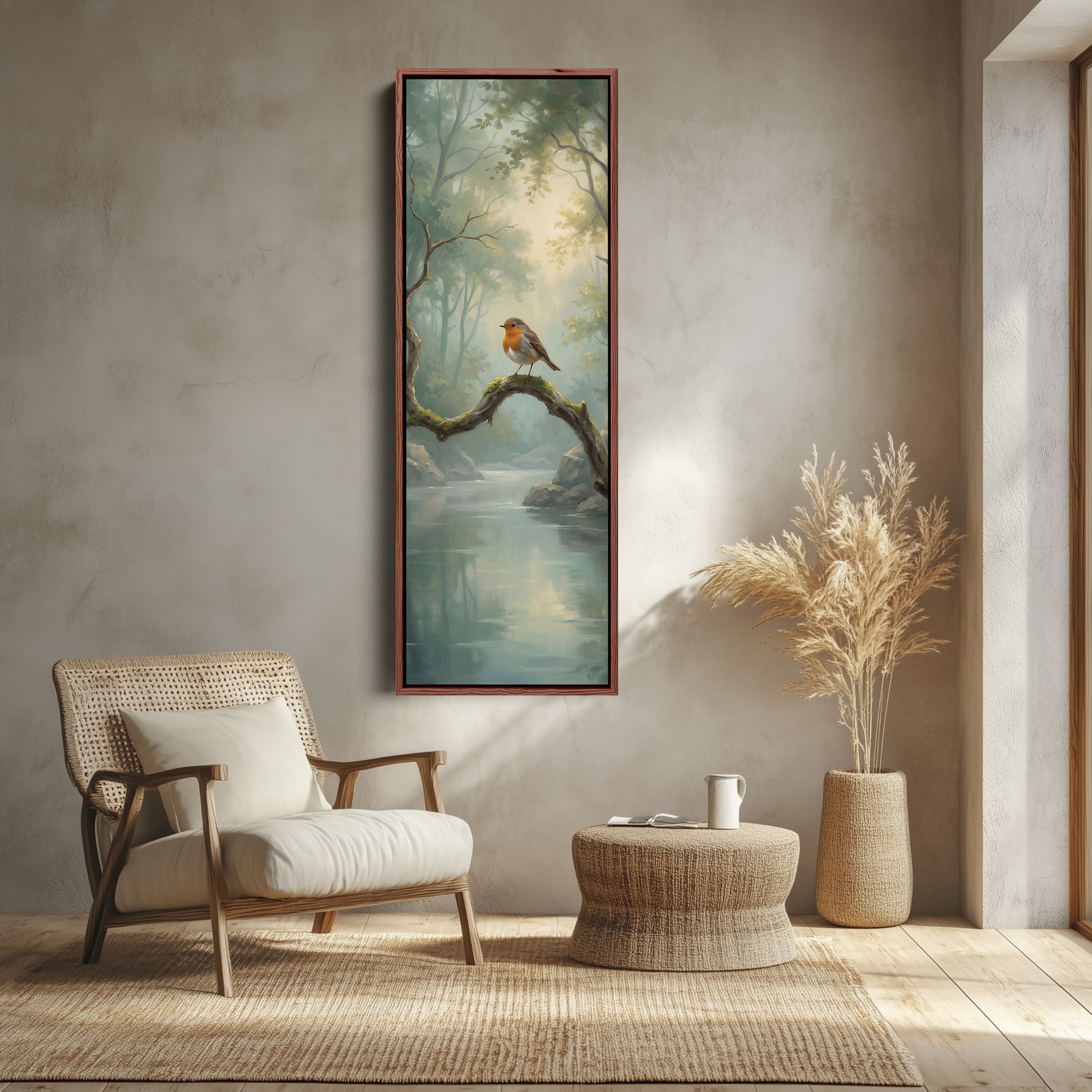 Robin On Branch Long Wall Art Vertical Canvas Print Hallway