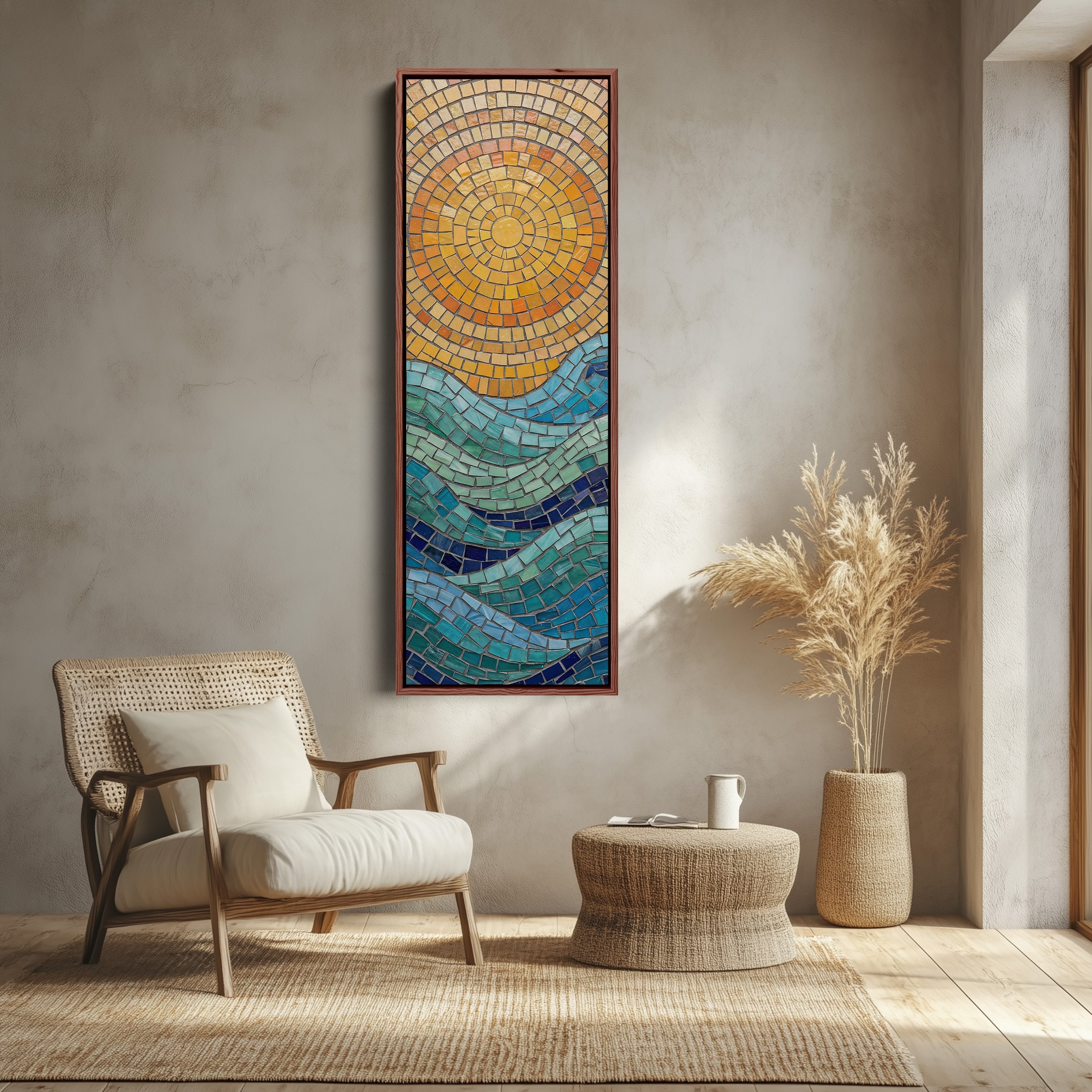 Mosaic Sun Over Sea Wide Framed Canvas Statement Wall Decor Office