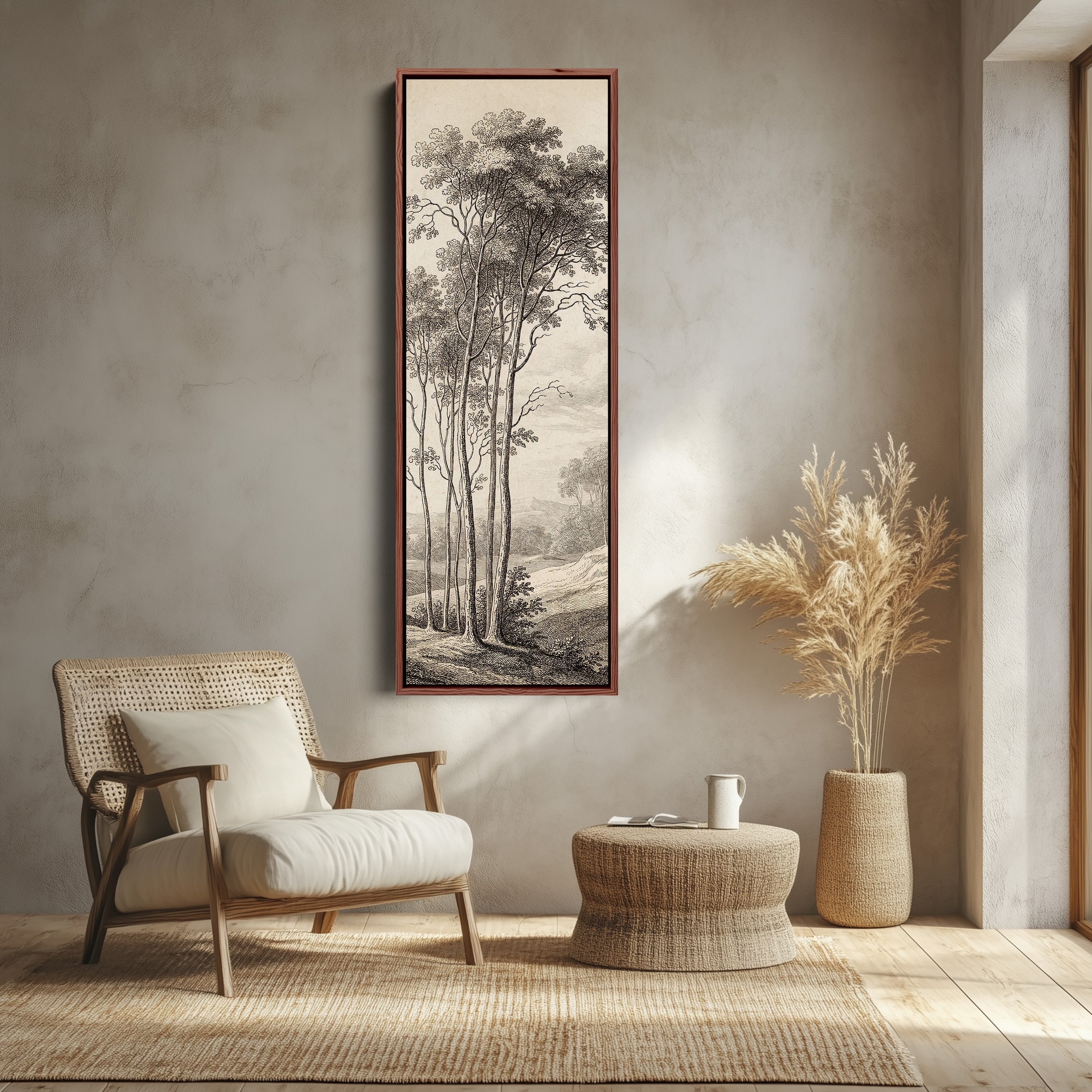 Vintage Tree Engraving Long Wall Art Vertical Canvas Print Living Room