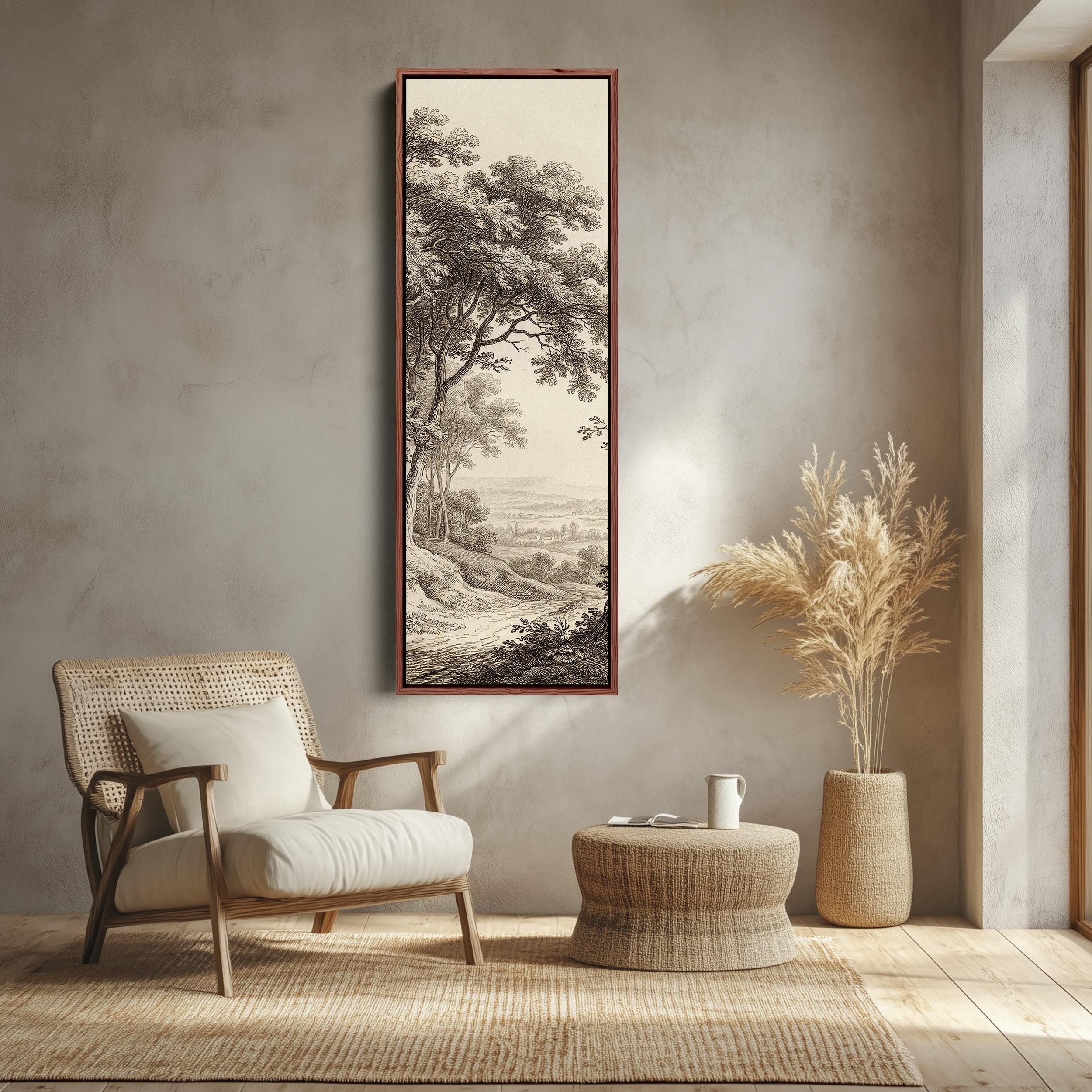 Vertical Wall Art Vintage Countryside Engraving Framed Canvas Living Room