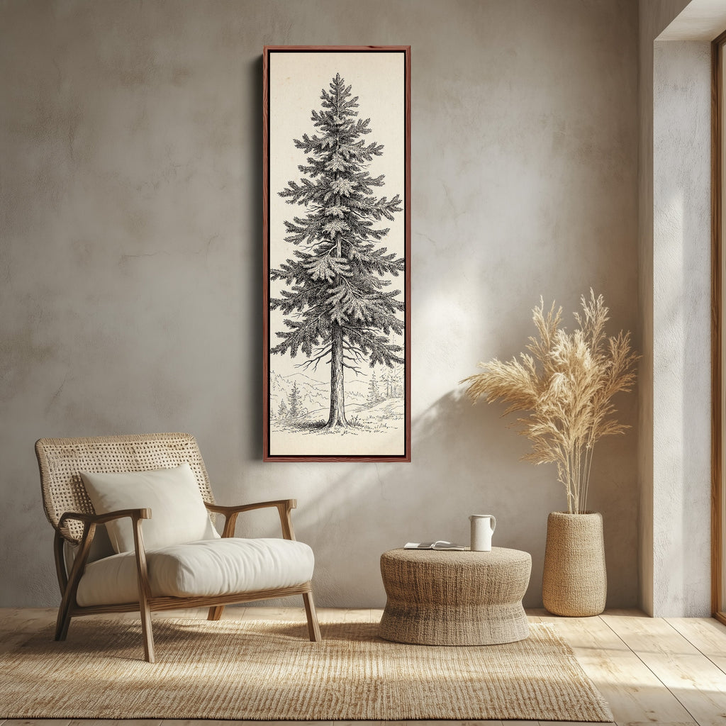 Vintage Pine Illustration Vertical Wall Art Wide Canvas Office