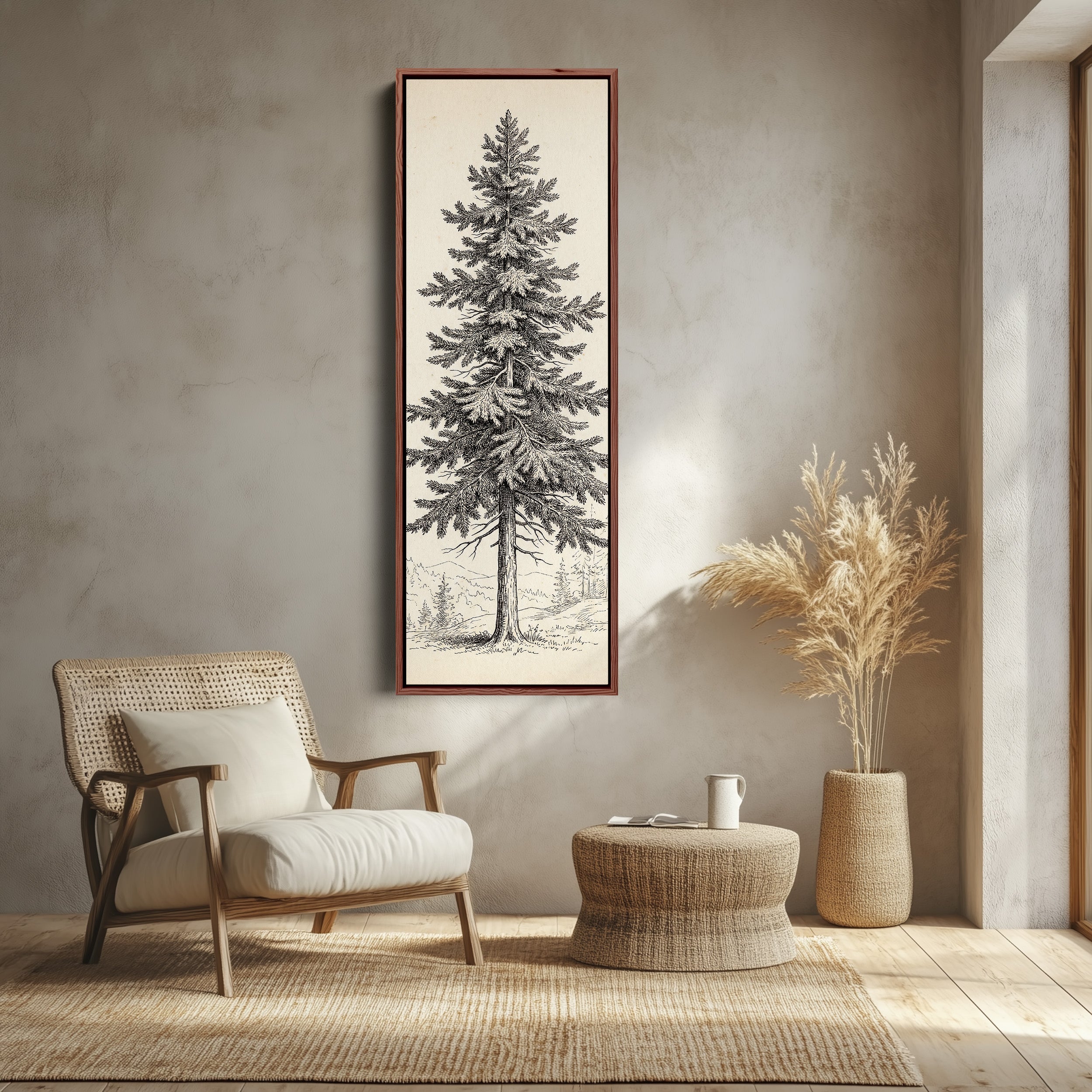 Vintage Pine Illustration Vertical Wall Art Wide Canvas Office