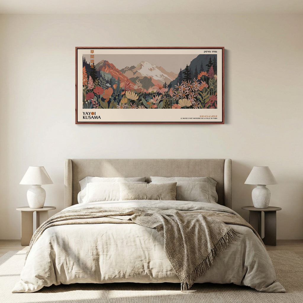 Yayoi Kusama Wide Canvas Mountain Meadow With Flowers Panoramic Canvas Print For Office
