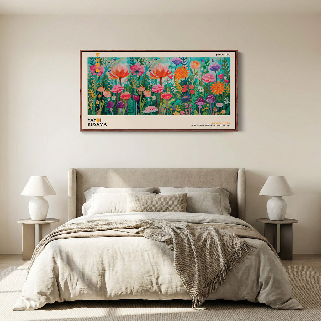 Yayoi Kusama Panoramic Wall Art Floral Garden With Mushrooms Statement Wall Decor For Kitchen