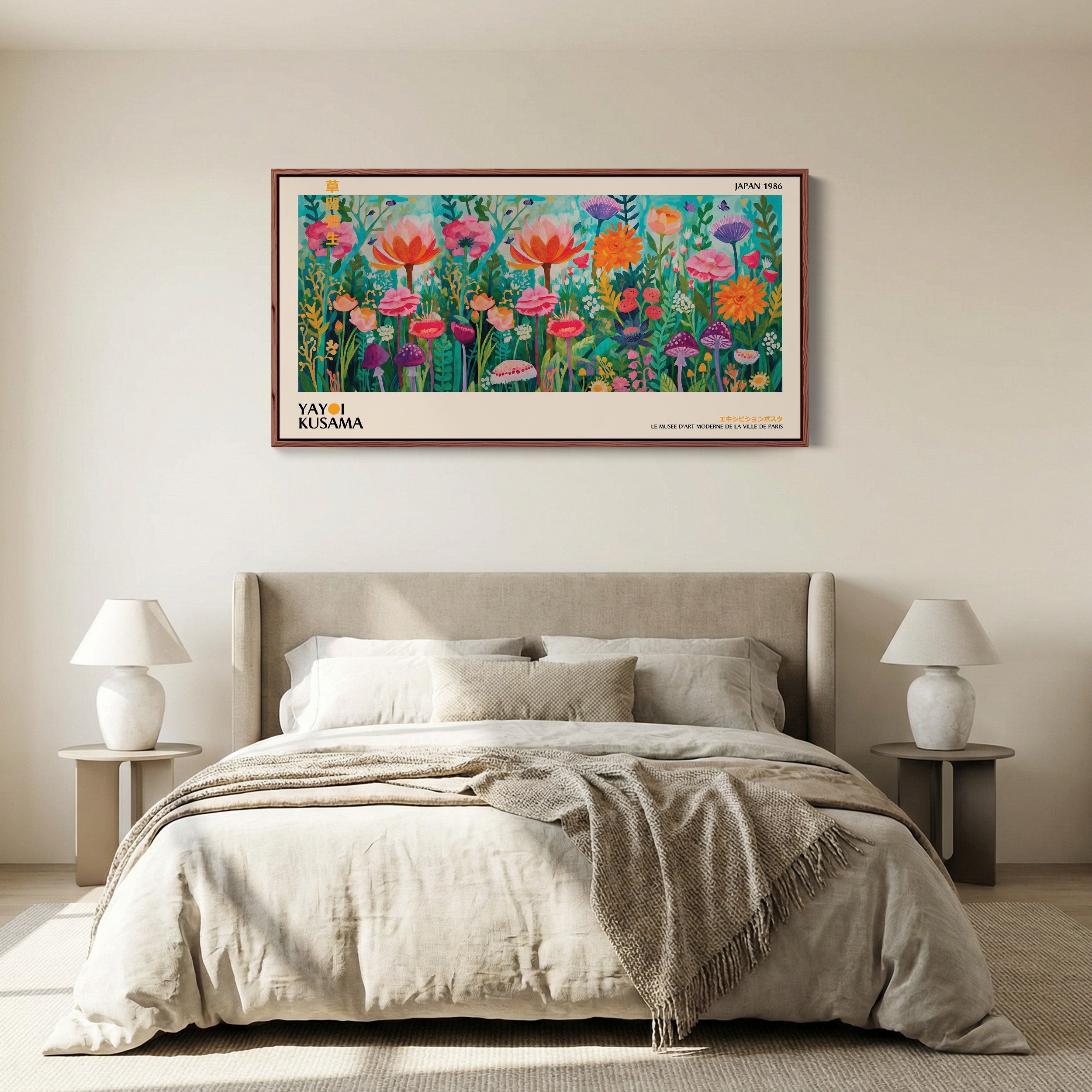 Yayoi Kusama Panoramic Wall Art Floral Garden With Mushrooms Statement Wall Decor For Kitchen