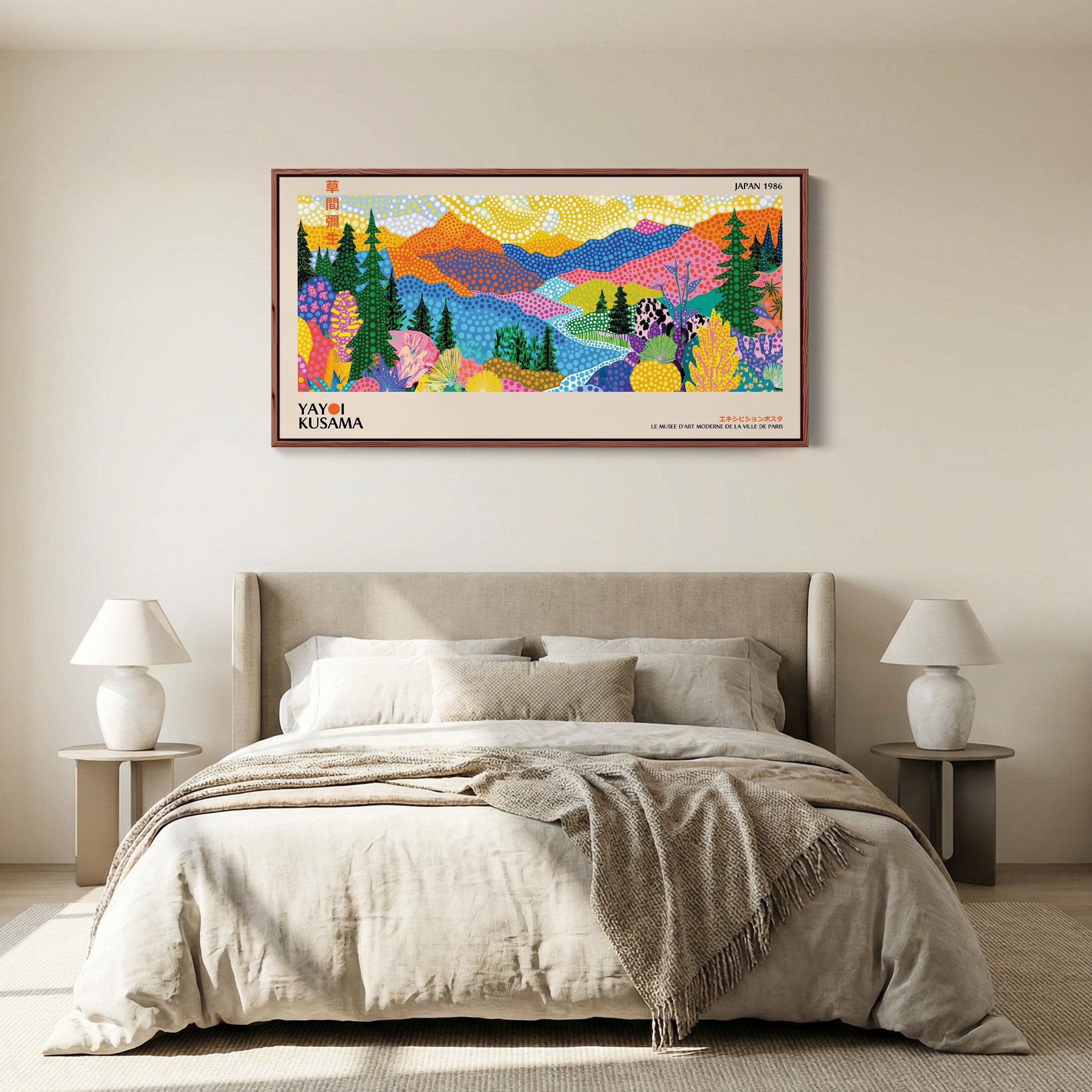 Yayoi Kusama Horizontal Wall Art Colourful Dotted Mountain Landscape Panoramic Canvas Print For Living Room