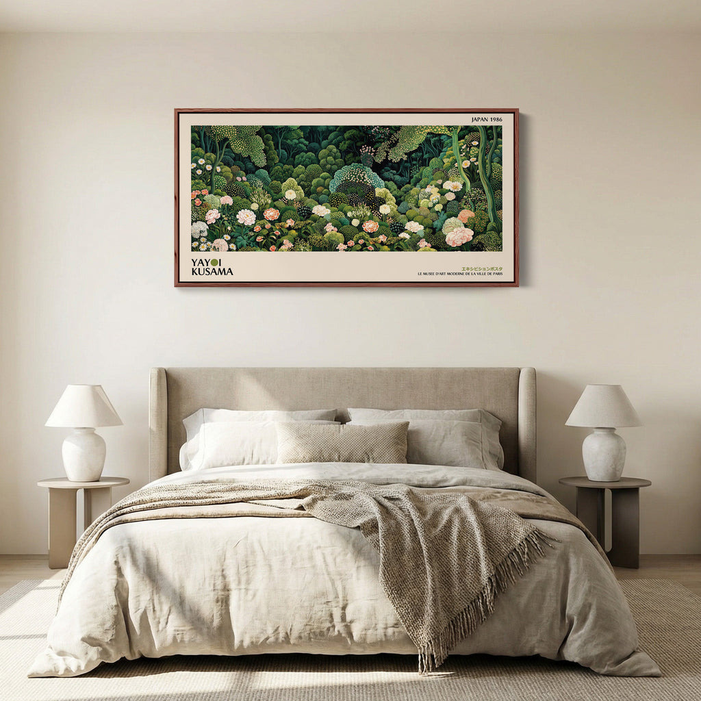 Yayoi Kusama Panoramic Wall Art Dense Green Floral Garden Framed Canvas Print For Living Room
